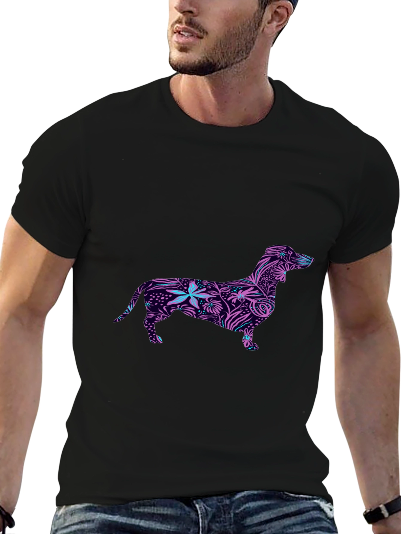 Black Dachshund Floral Print Black T-Shirt view 6