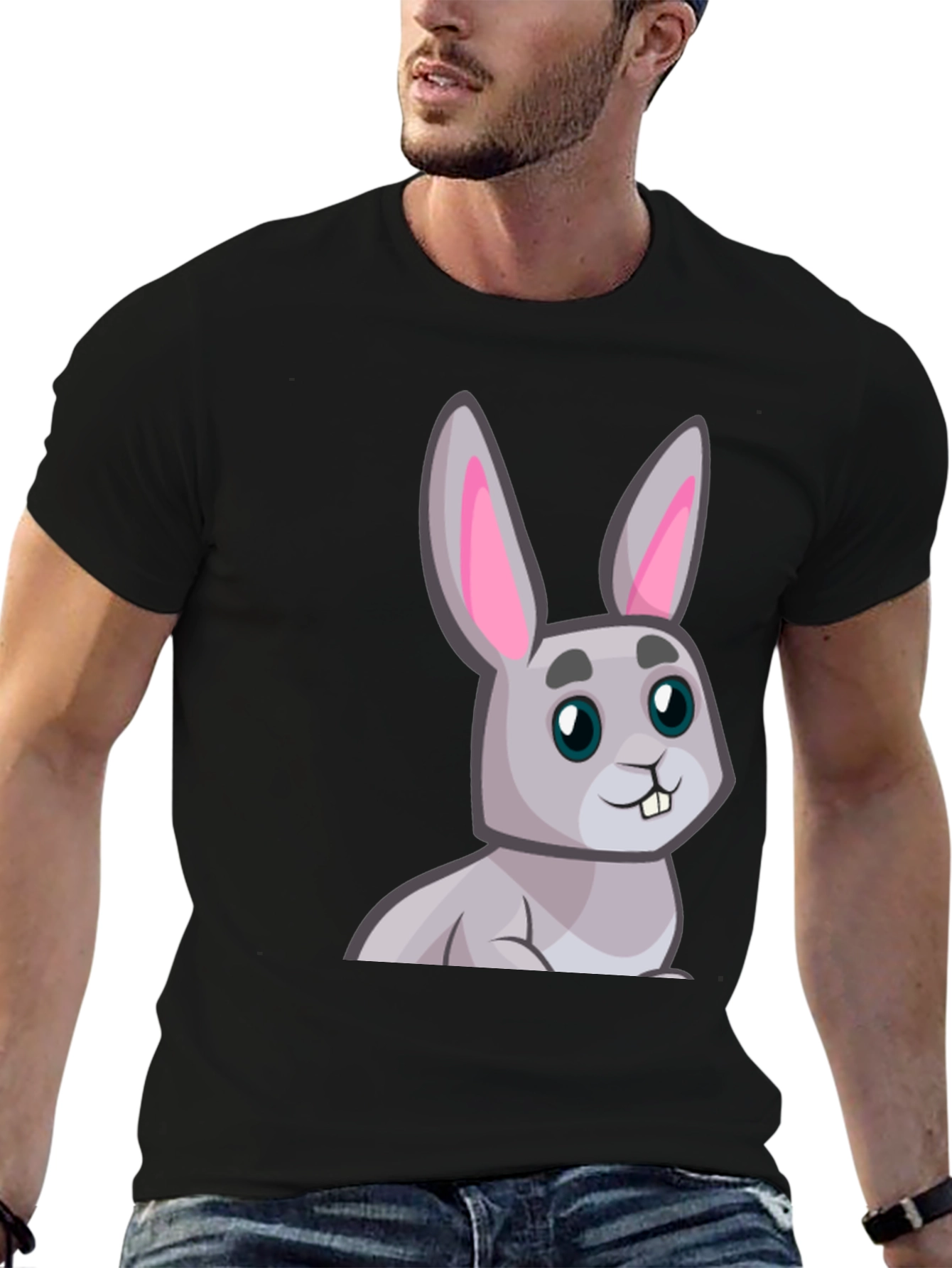 Black Cute Cartoon Rabbit Graphic T-Shirt view 6