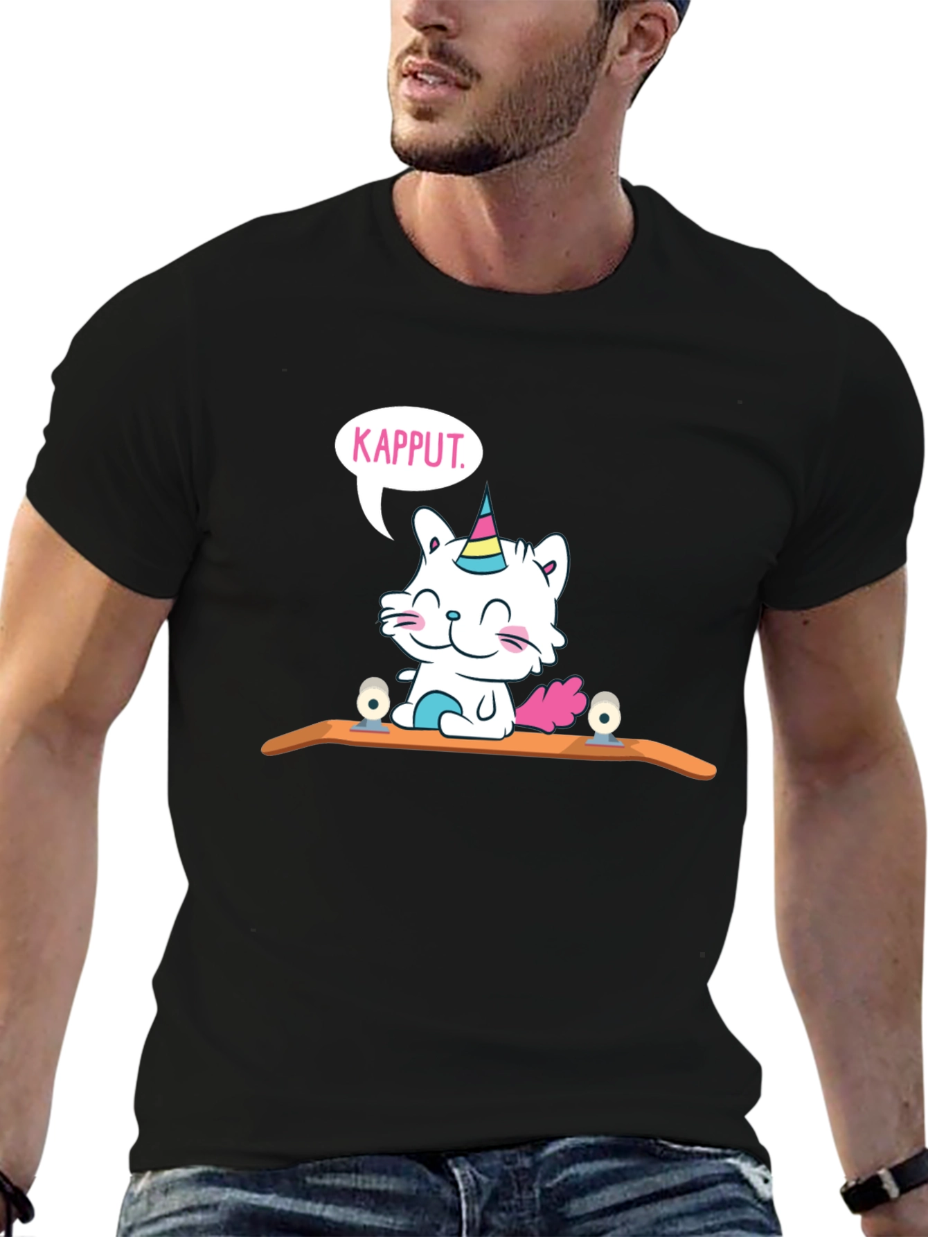 Black Kapput Skater Cat T-Shirt - Black Cotton Tee view 6