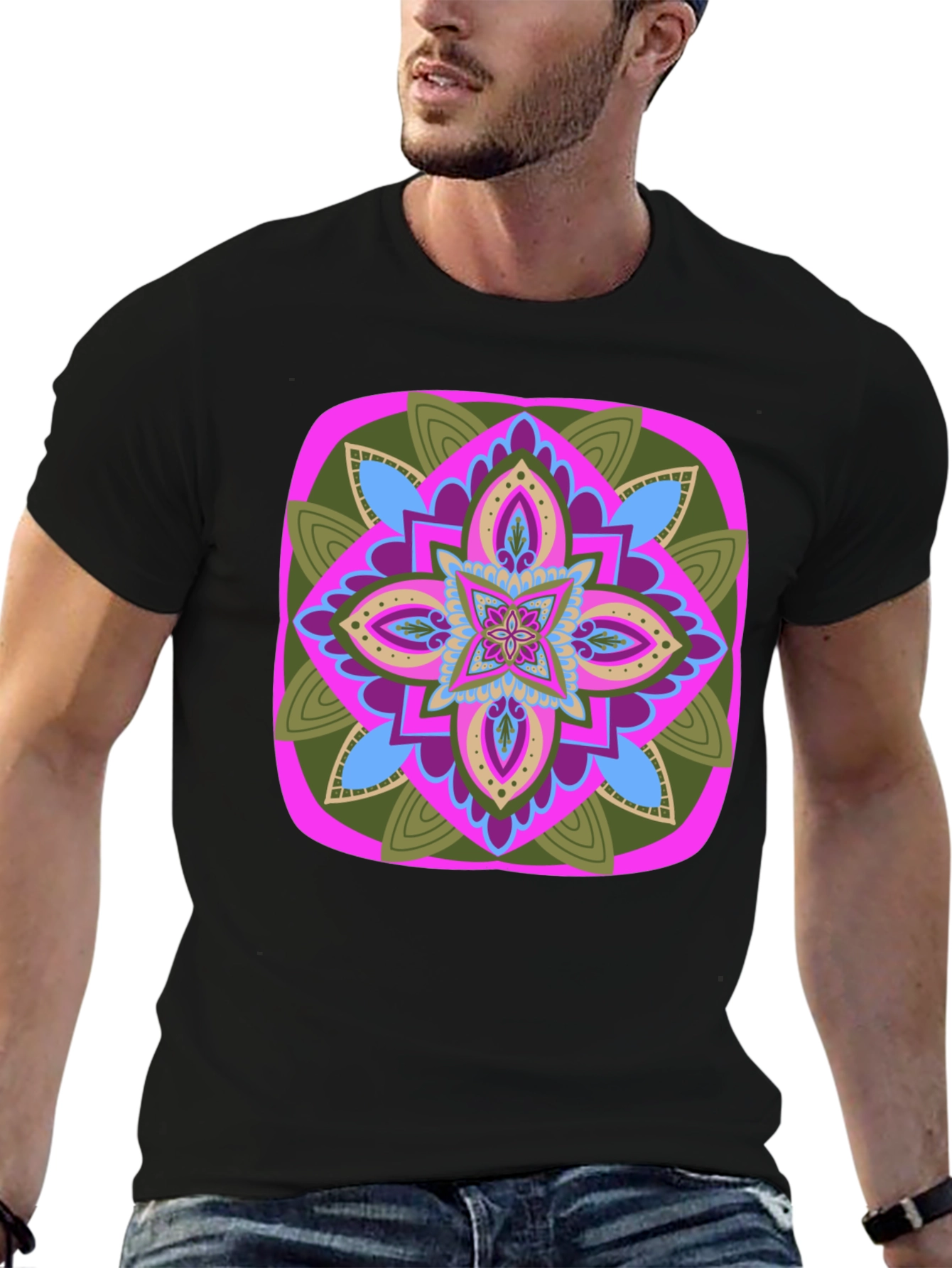Black Geometric Mandala T-Shirt - Black Cotton Blend view 6