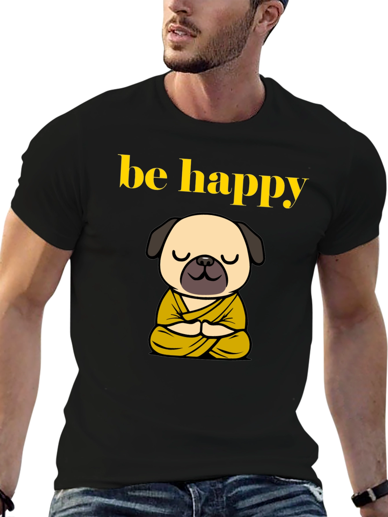 Black Be Happy Pug Buddha T-Shirt - Meditating Dog Tee view 6