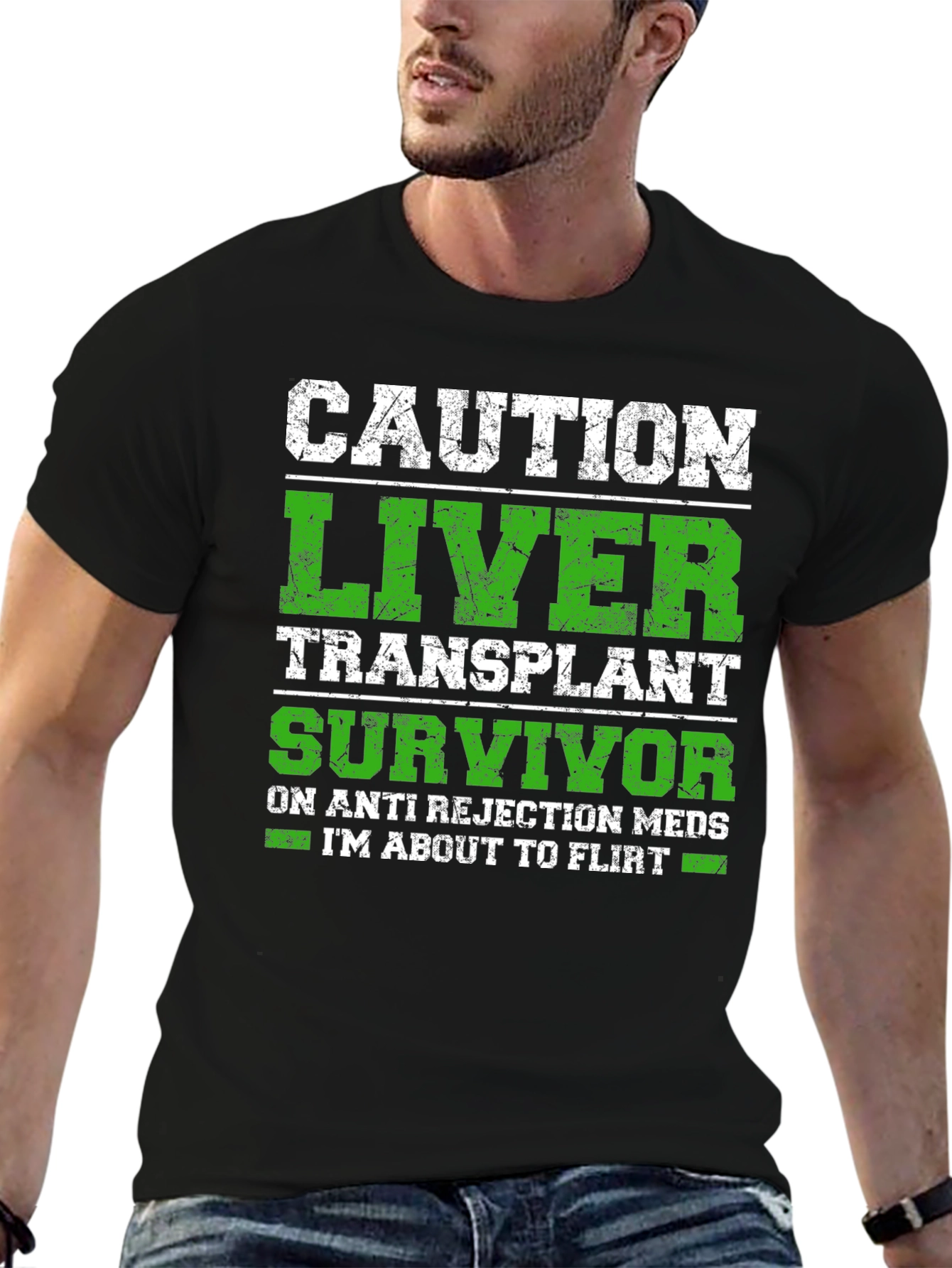 Black Caution Liver Transplant Survivor Funny T-Shirt view 6