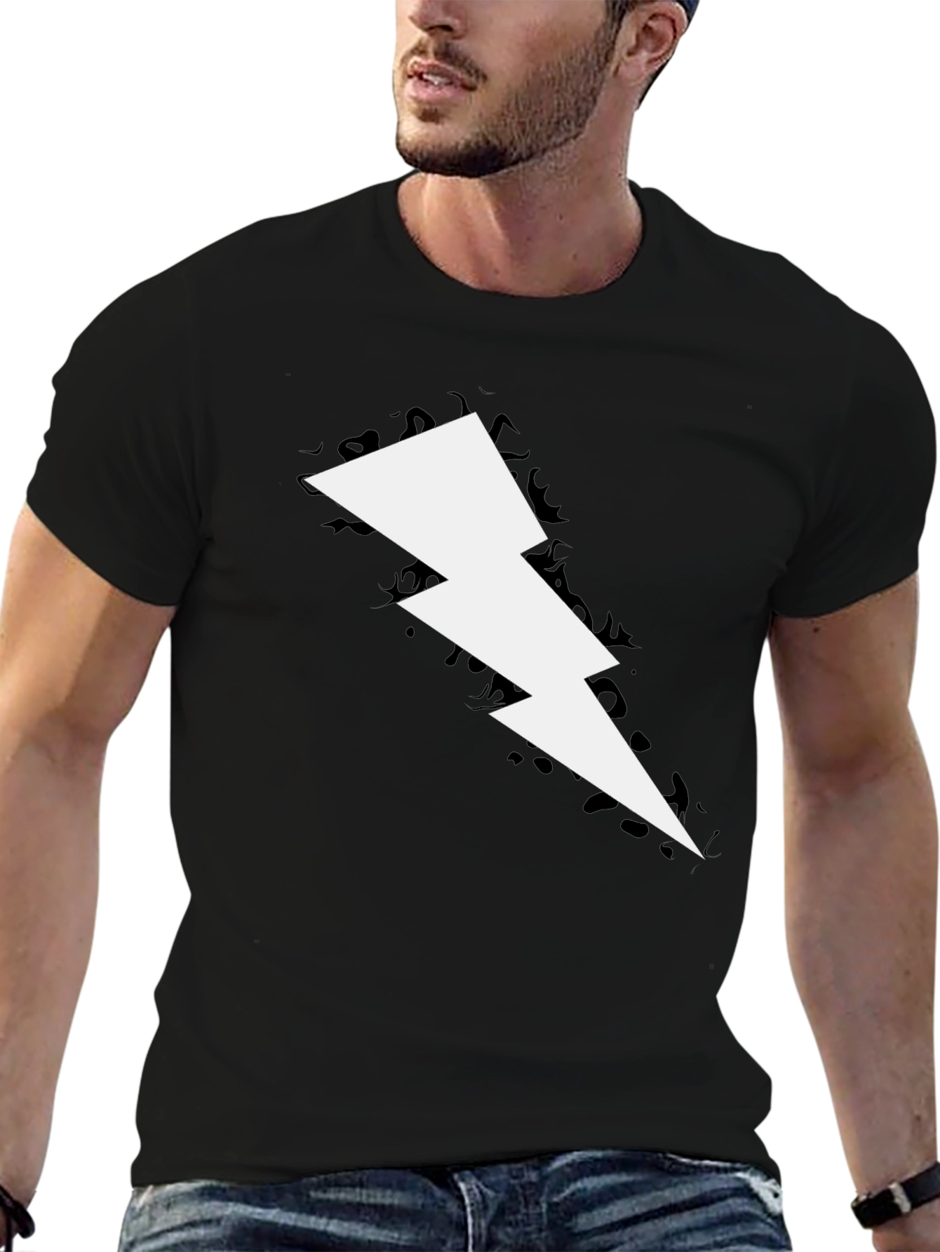 Black Lightning Bolt Graphic Tee - Bold Black Cotton T-Shirt view 6