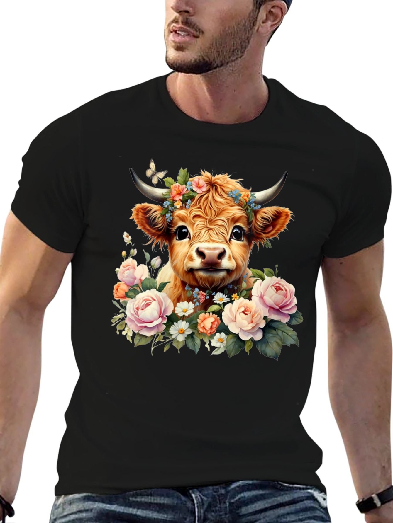 Black Cute Cow with Flowers Black T-Shirt view 6