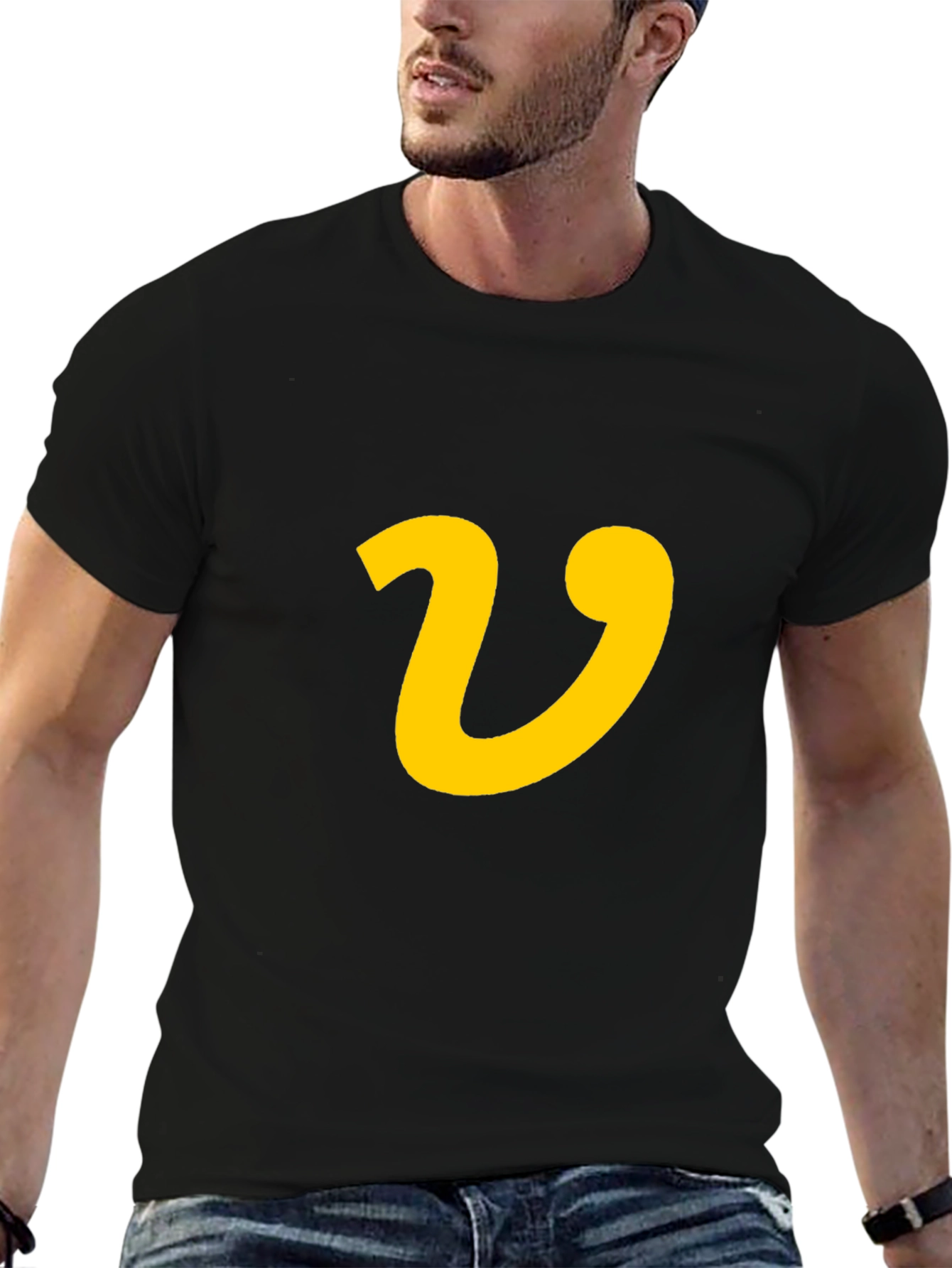 Black Black T-Shirt with Yellow Letter 'V' Graphic Print view 6