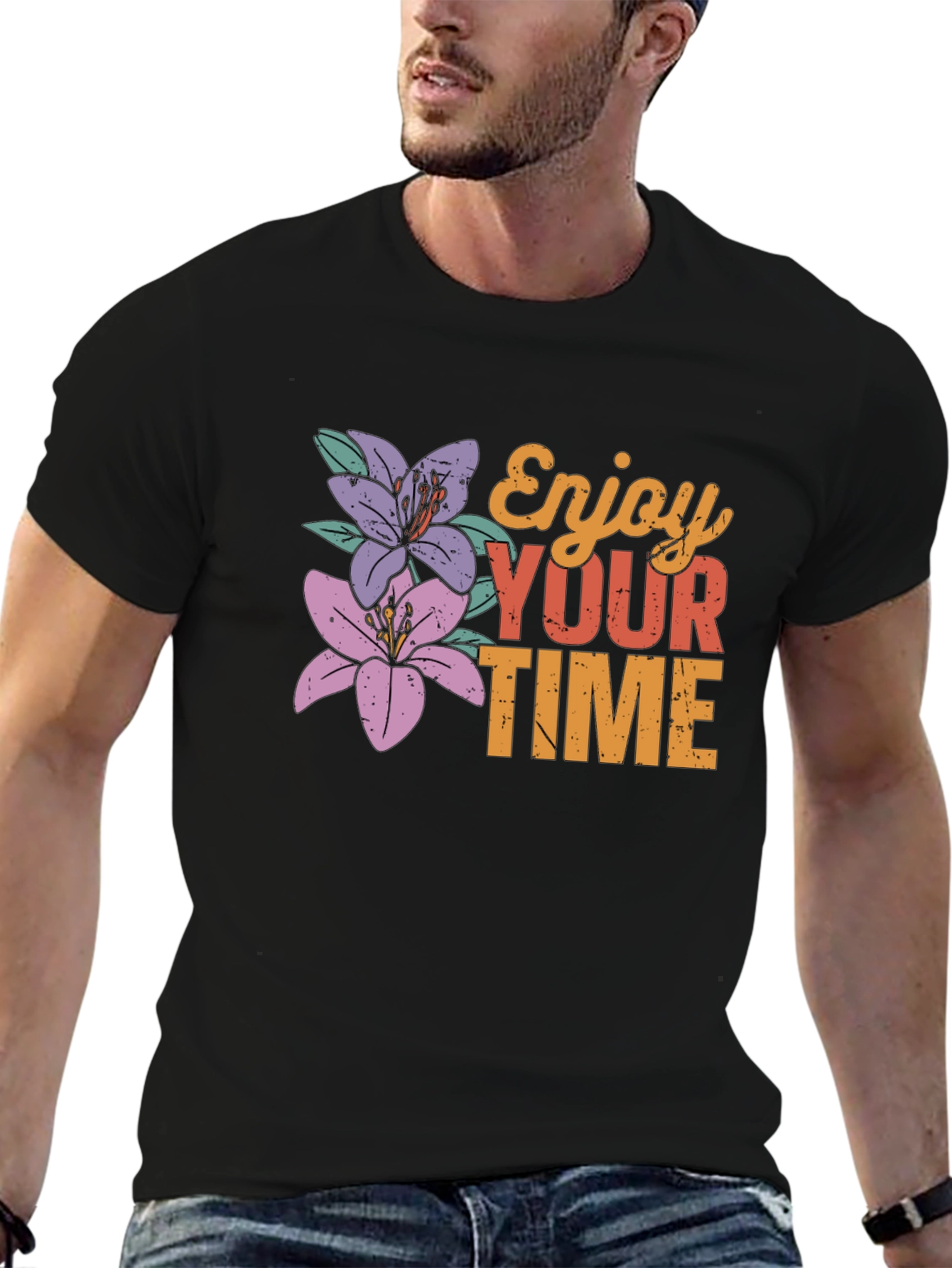 Black Enjoy Your Time Floral Graphic Tee view 6