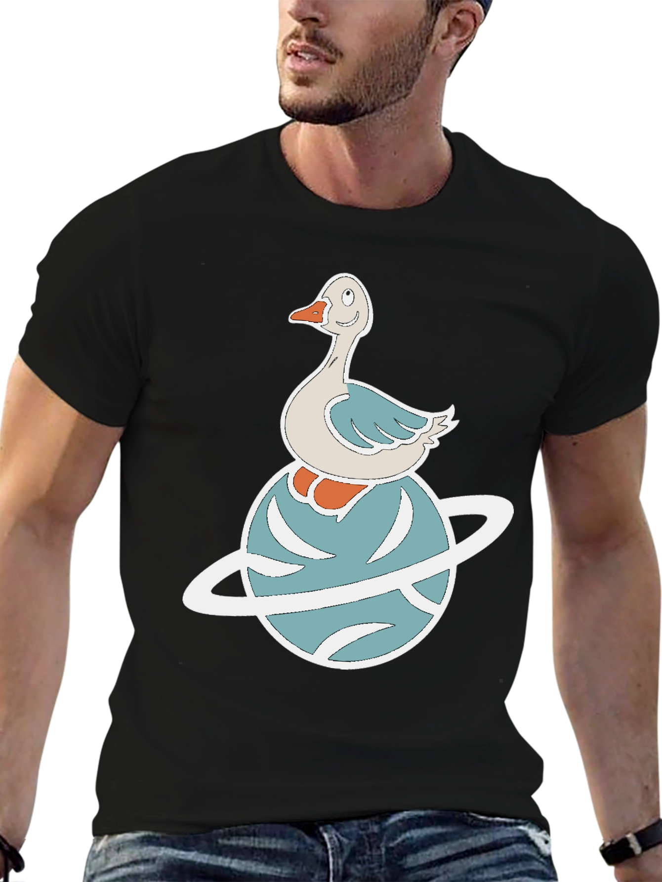 Black Whimsical Goose on Planet Graphic Tee view 6