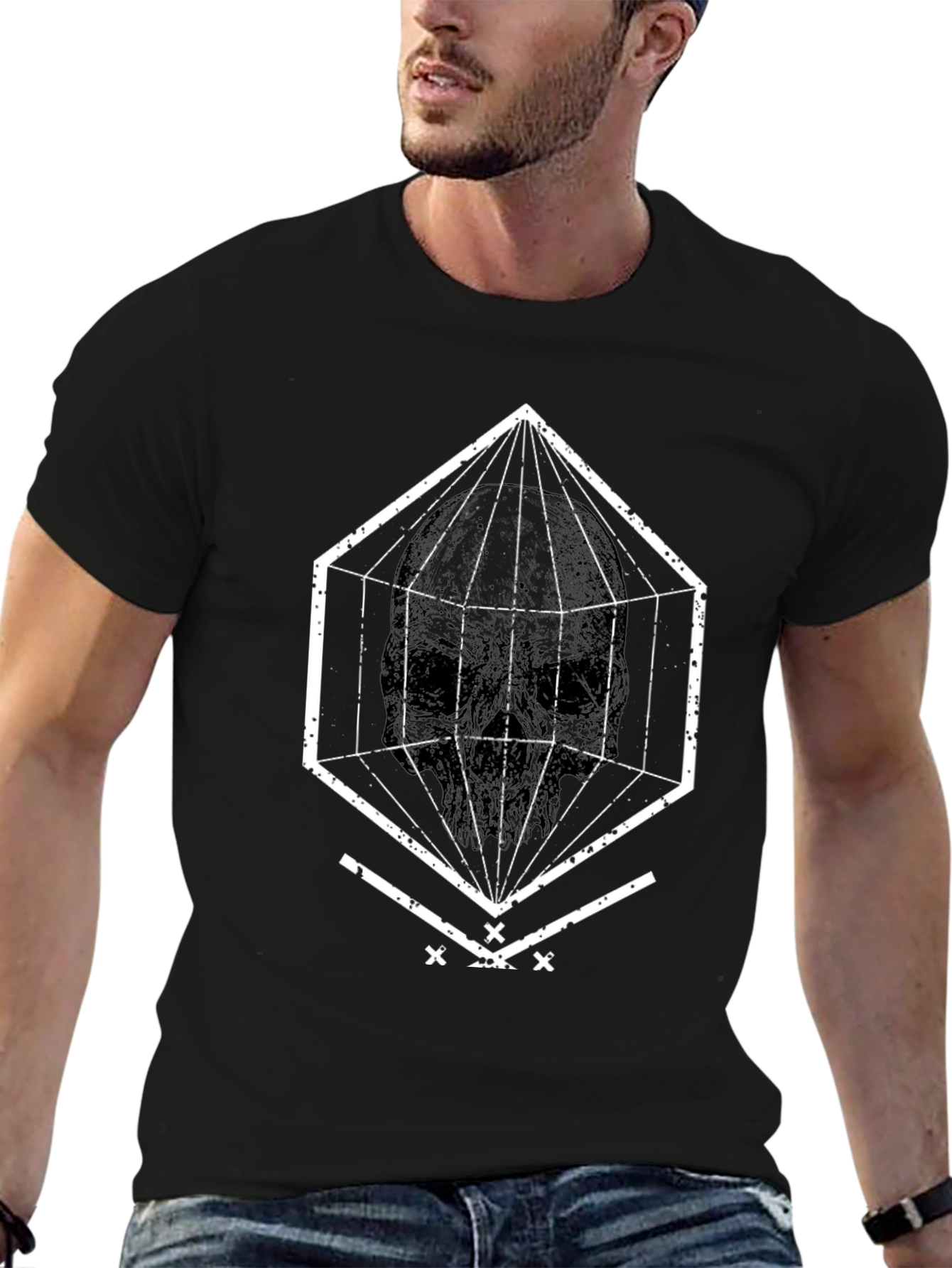 Black Geometric Skull Graphic Tee - Black view 6