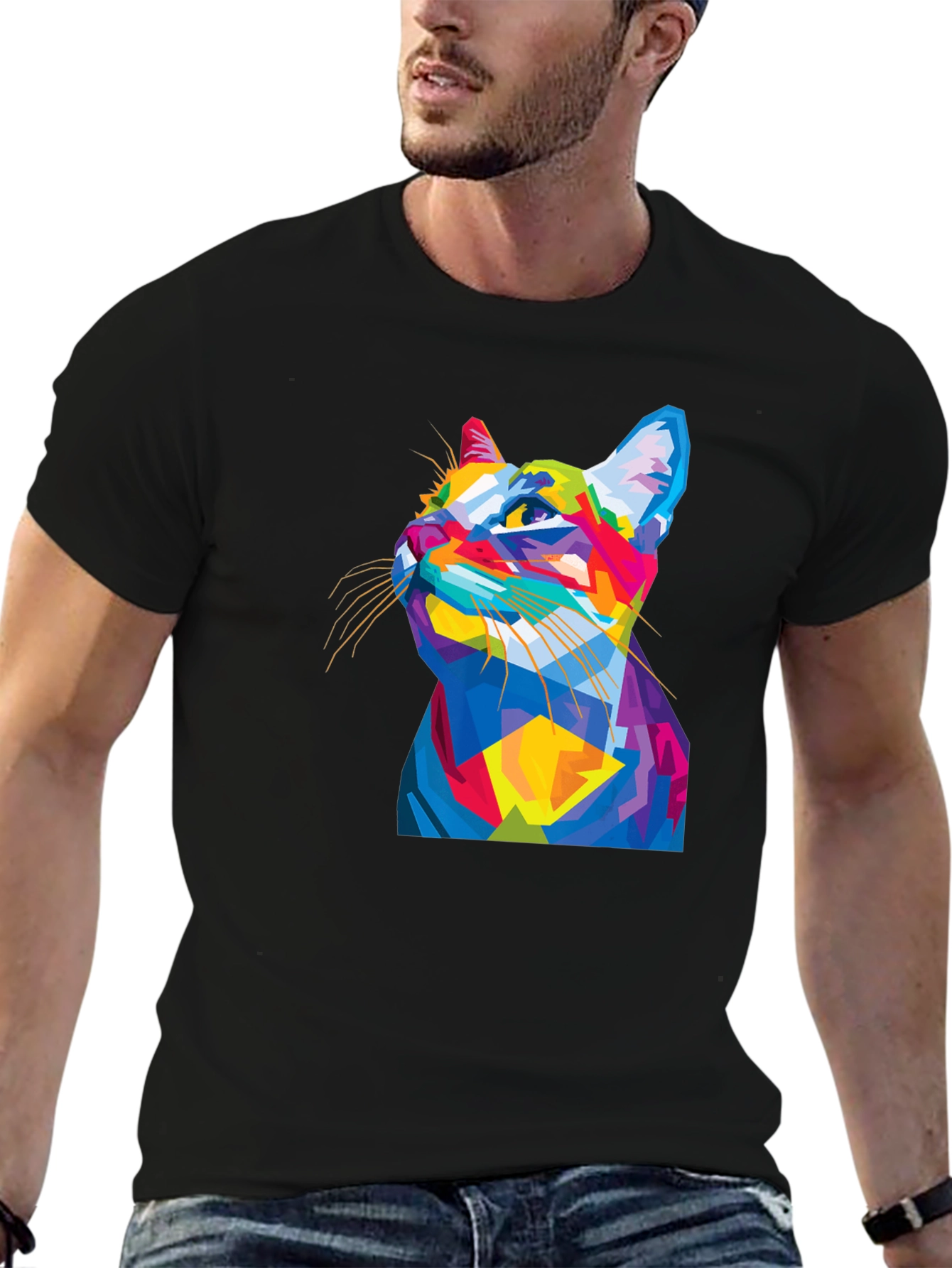 Black Geometric Cat Graphic Tee - Stylish Men's Black T-Shirt view 6