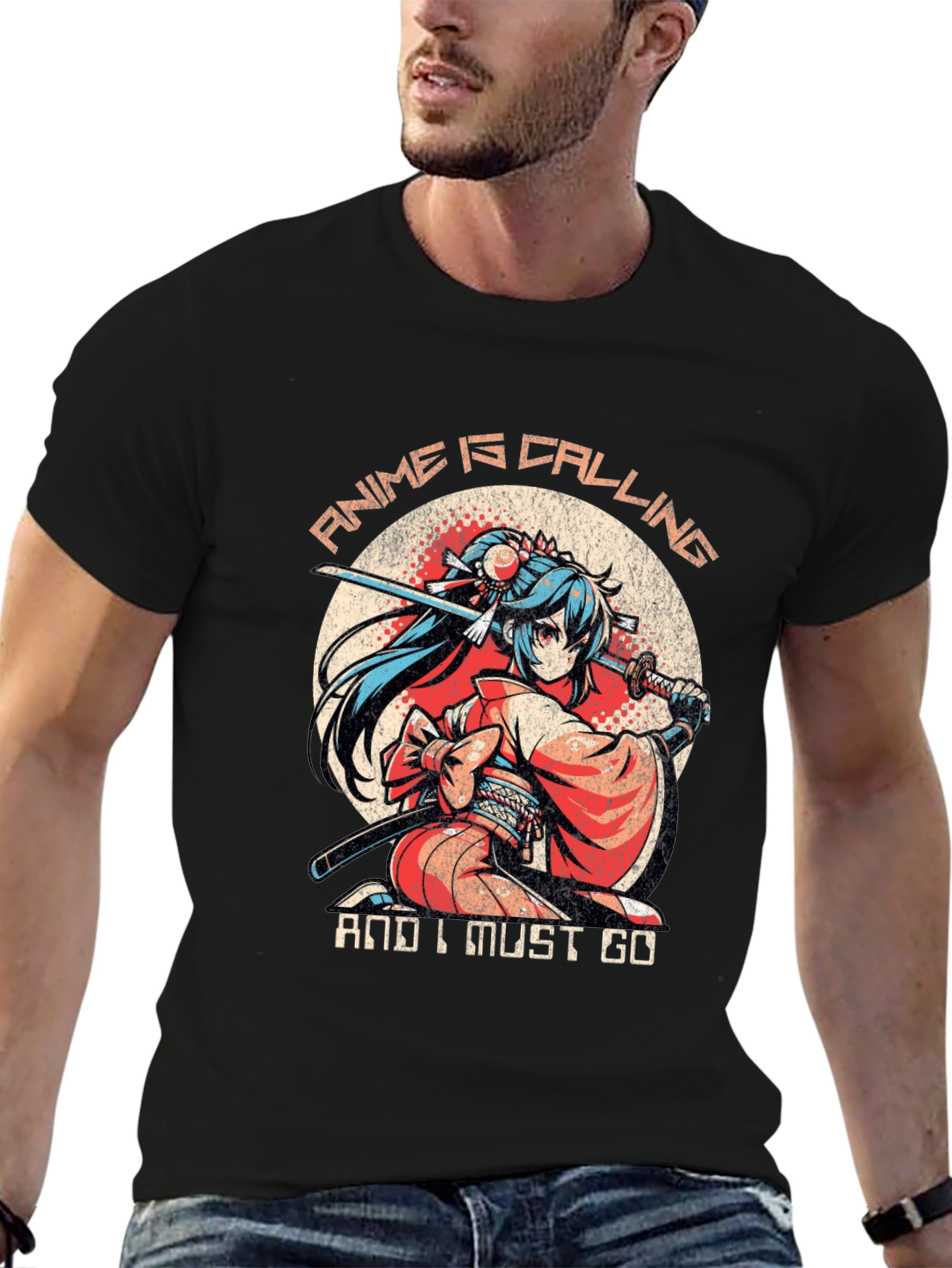 Black Anime Calling T-Shirt: Samurai Girl view 6