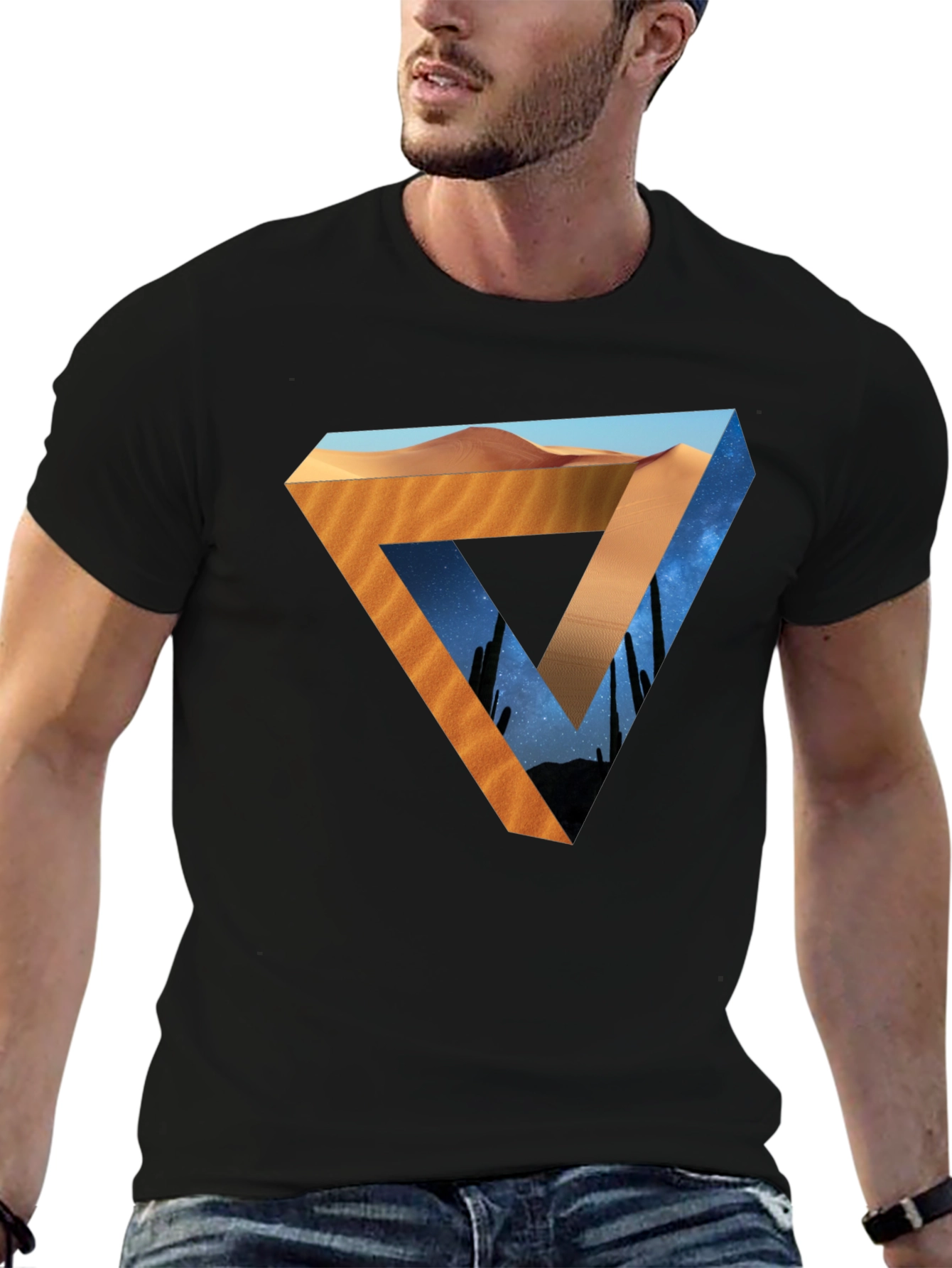 Black Desert Sky Triangle Graphic Tee - Black Cotton Shirt view 6