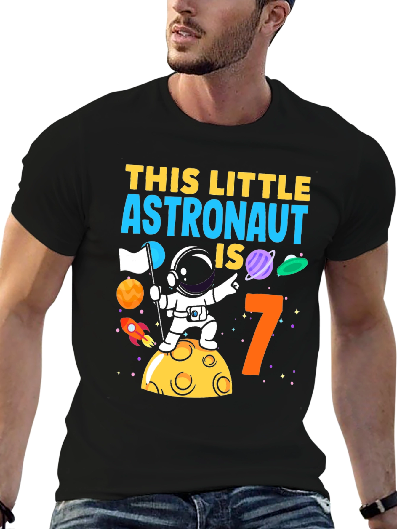 Black Astronaut Birthday Boy T-Shirt - Age 7 Space Theme view 6