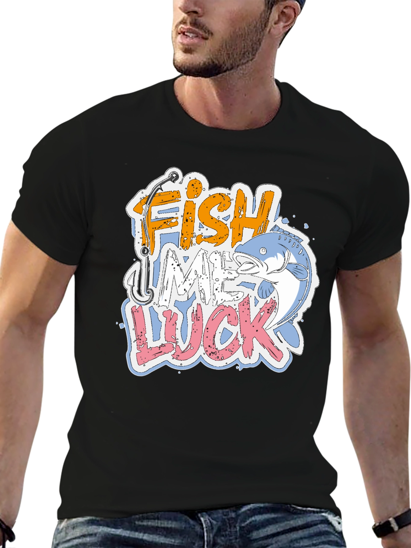 Black Fish Me Luck Graphic T-Shirt, Fishing Tee view 6