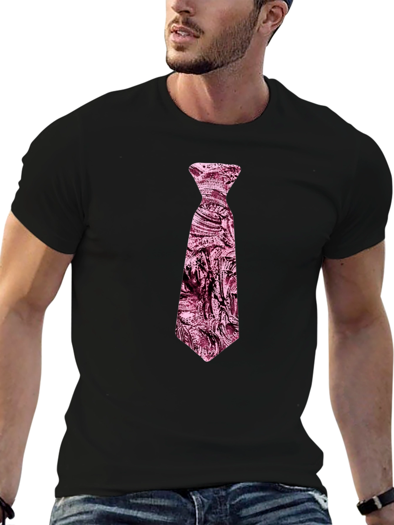 Black Men's Black T-Shirt with Novelty Pink Tie Design view 6