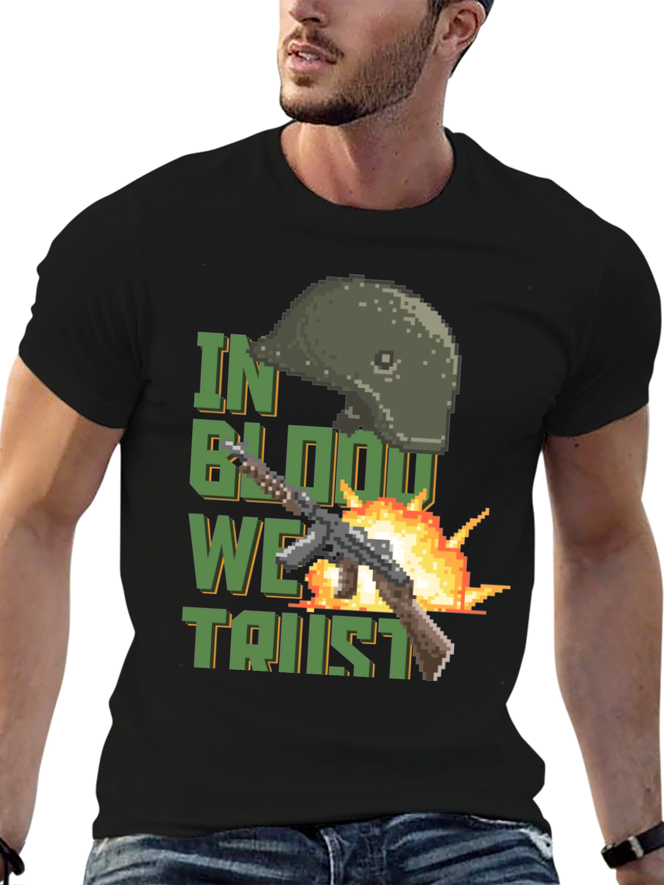 Black Pixelated Patriotic T-Shirt: In Blood We Trust Design view 6