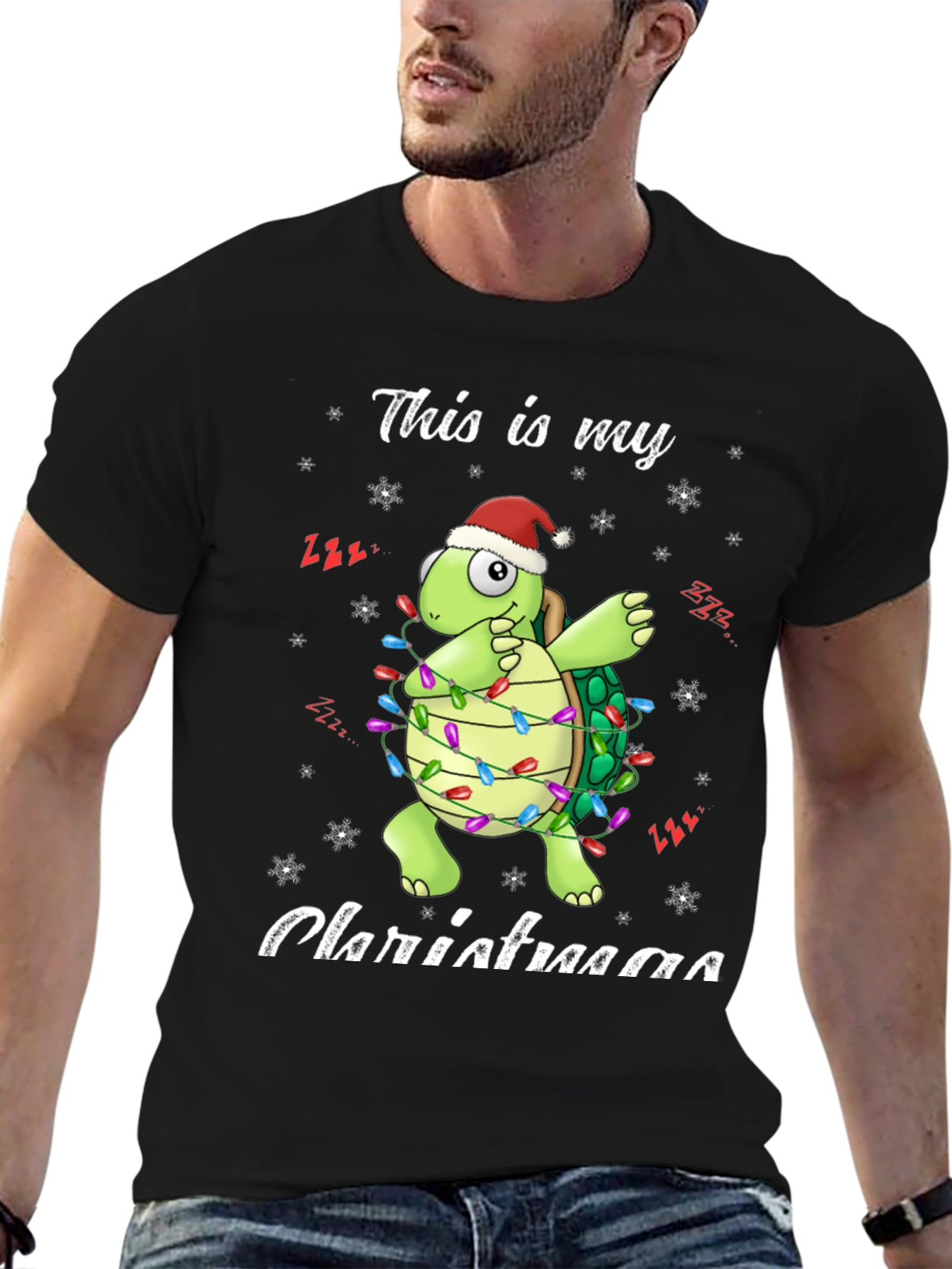 Black Festive Turtle Christmas Lights T-Shirt view 6