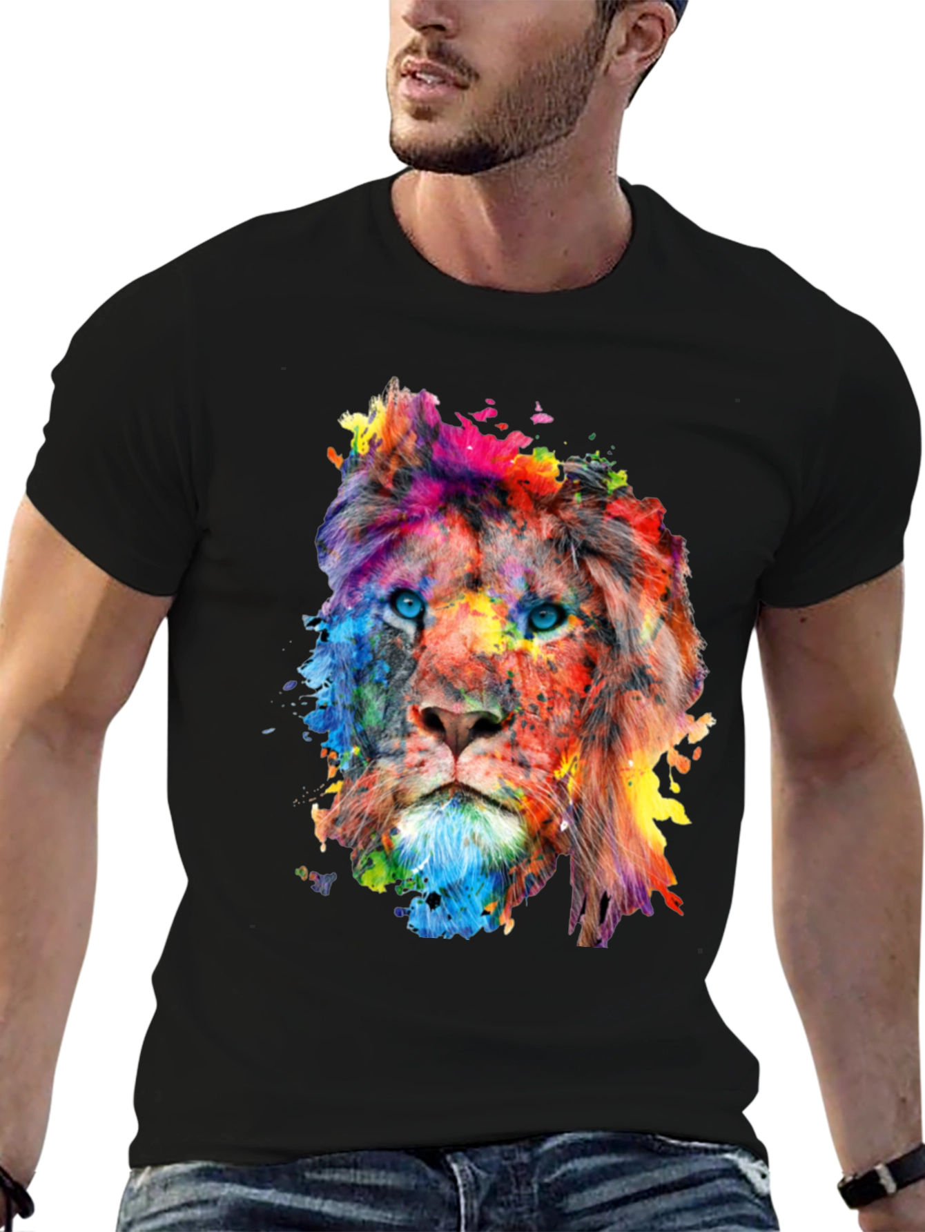 Black Colorful Lion Graphic Print Men's Black T-Shirt view 6