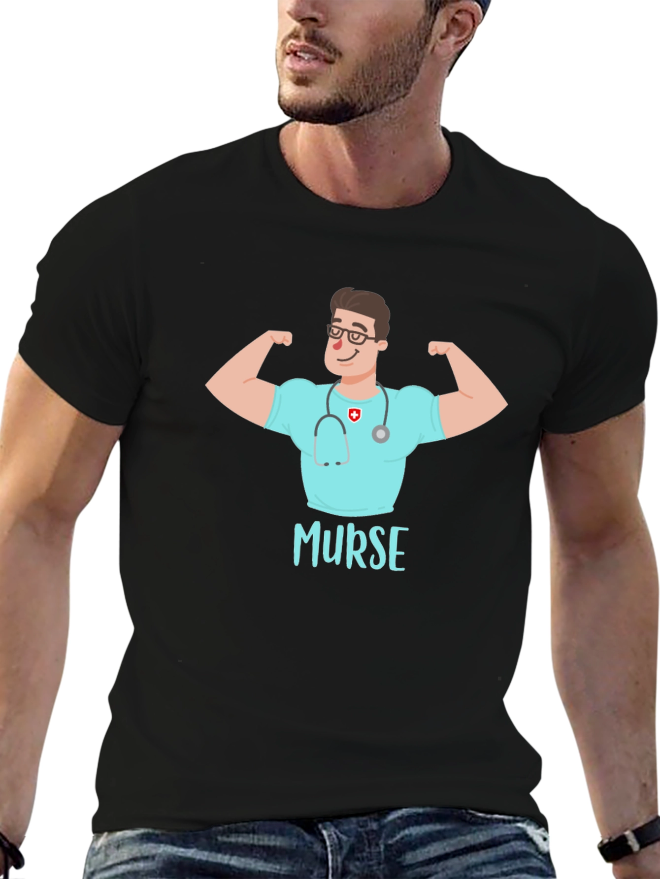 Black Murse T-Shirt - Muscular Nurse Cartoon Tee view 6