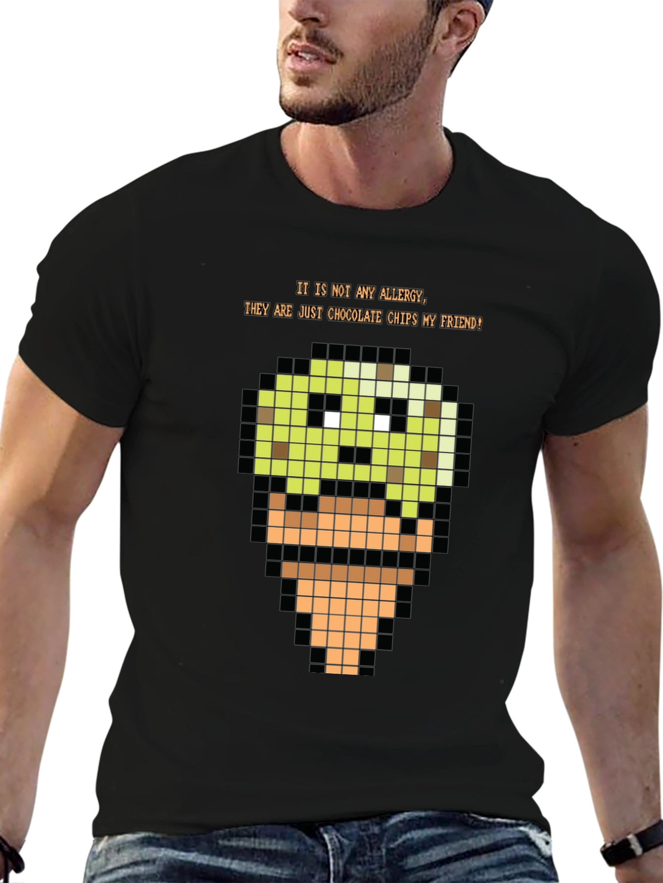 Black Pixel Art Ice Cream T-Shirt - Funny Food Allergy Humor Tee view 6