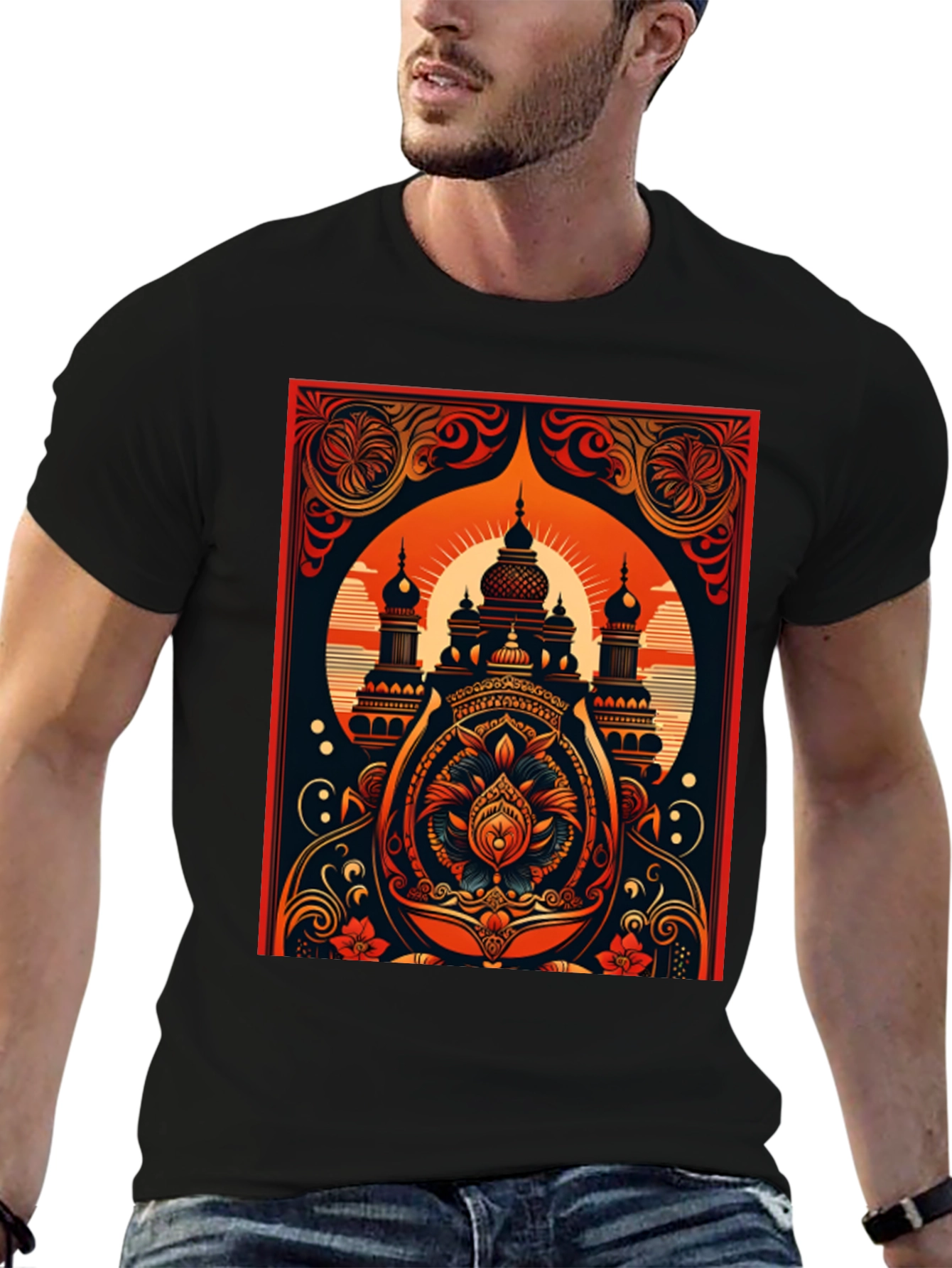 Black Ornate Temple Graphic Tee - Black Cotton Comfort view 6