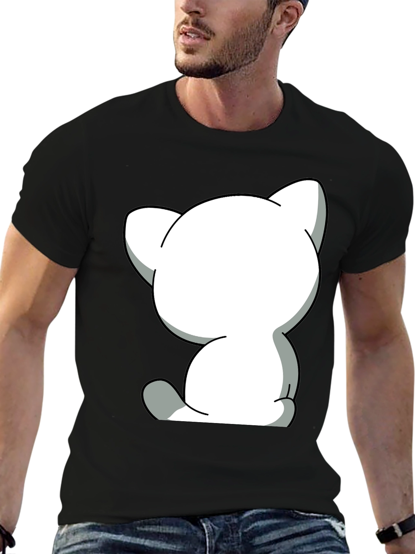 Black Cute Cartoon Cat Graphic Tee - Unisex Black T-Shirt view 6