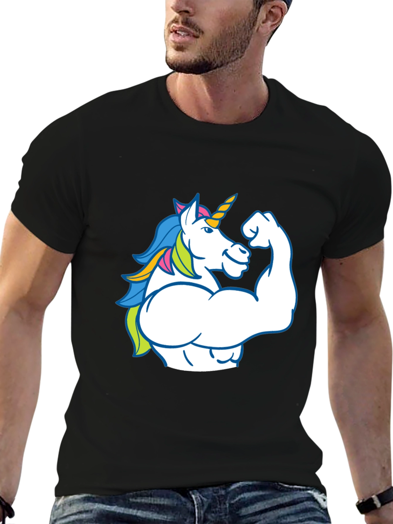 Black Muscle Unicorn Black T-Shirt - Fun Graphic Tee view 6