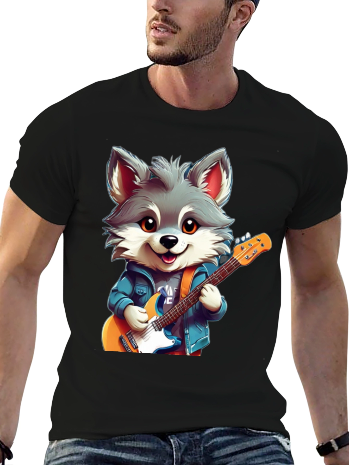 Black Cute Cartoon Wolf Guitarist Graphic Tee view 6