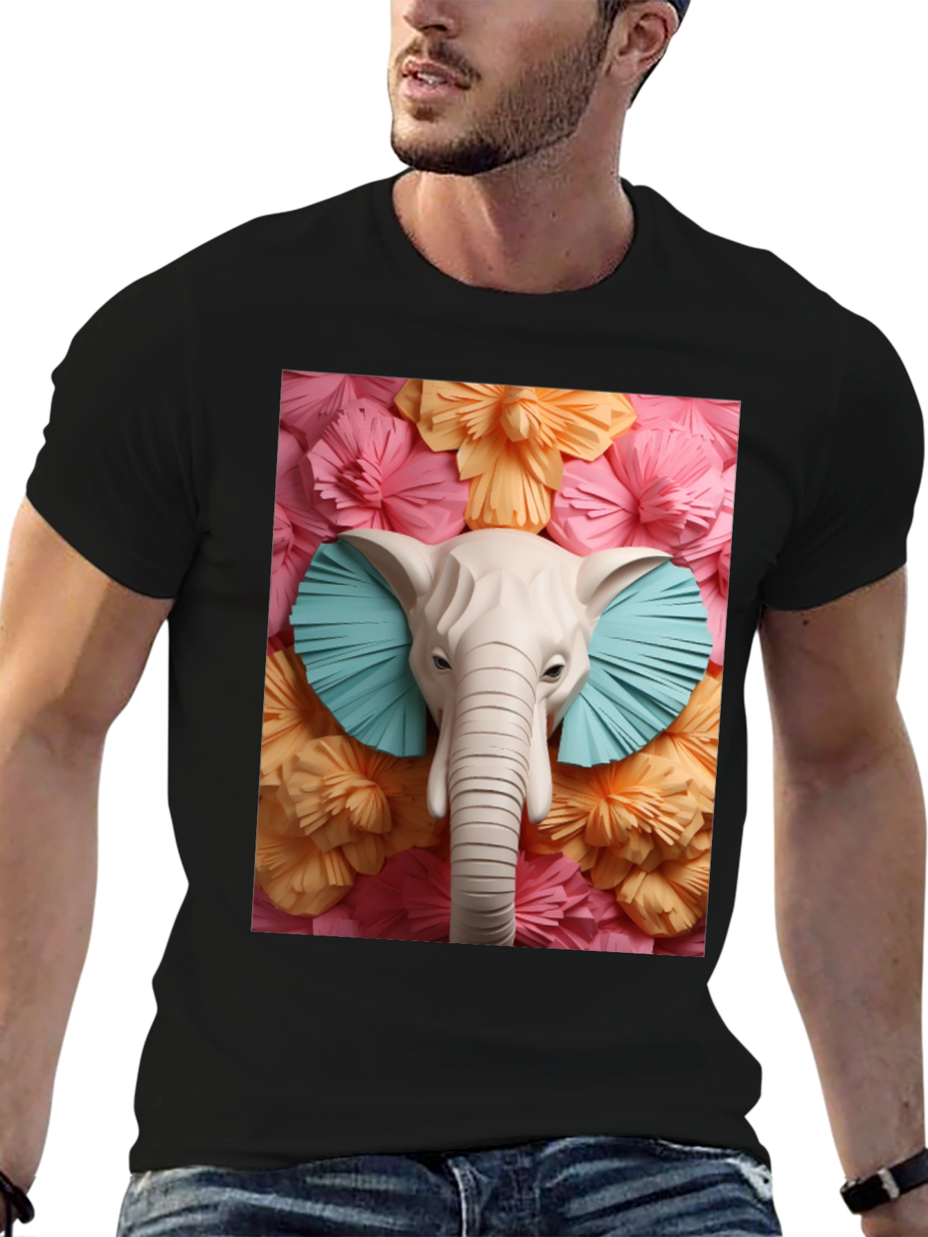 Black Elephant Floral Tee - Unique Graphic Print T-Shirt view 6