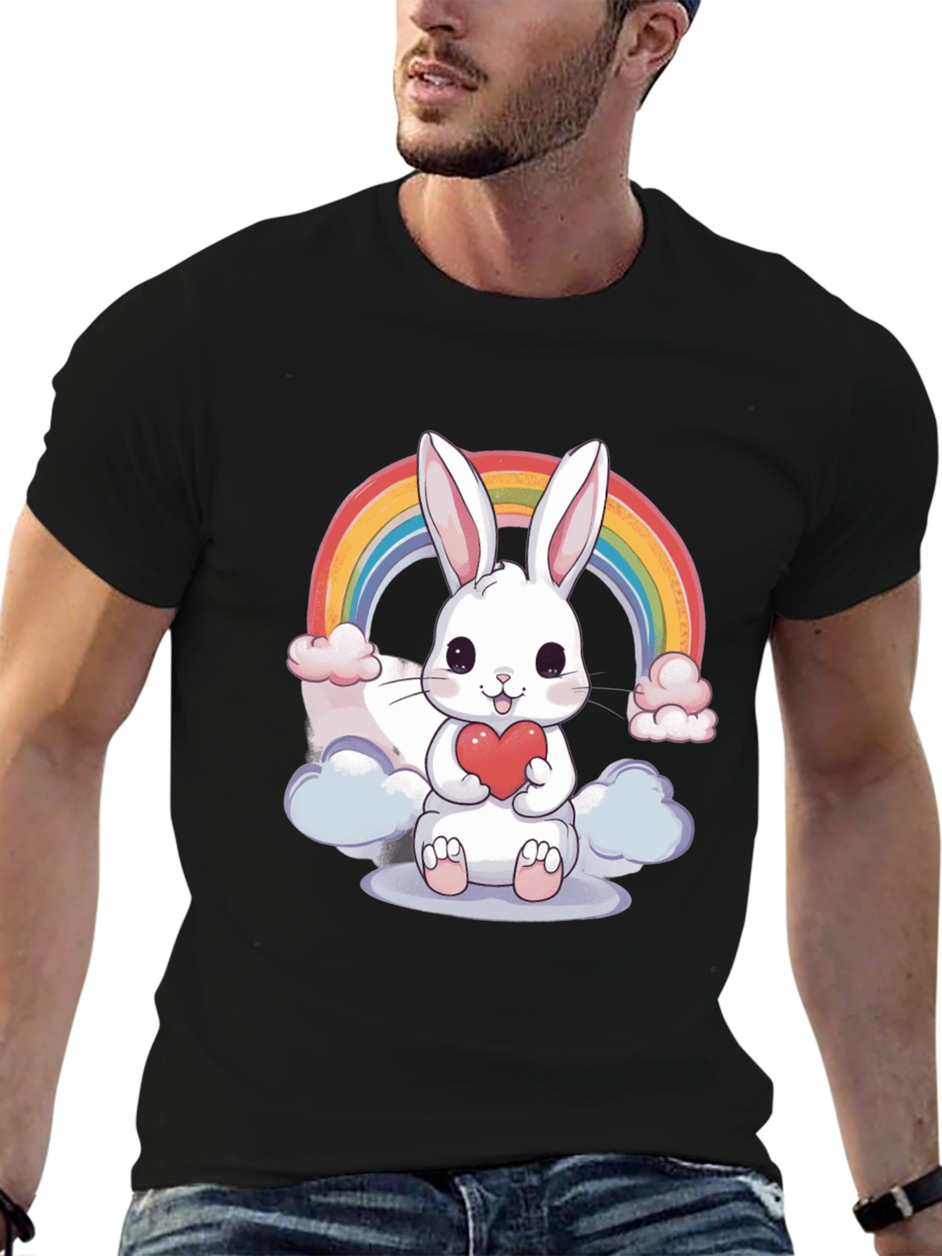 Black Cute Bunny Rainbow T-Shirt view 6