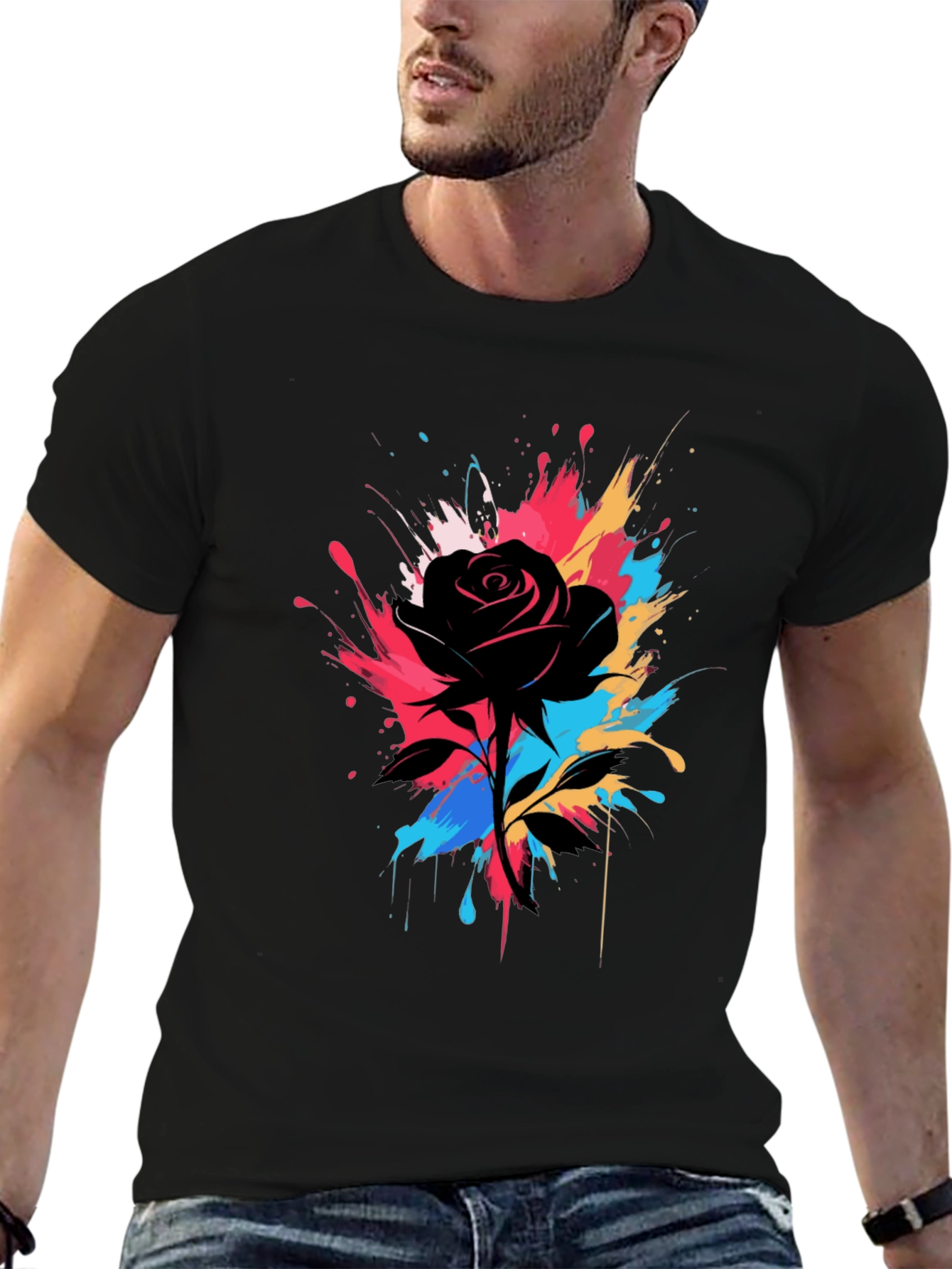 Black Black Rose Splash T-Shirt - Unique Artistic Design view 6