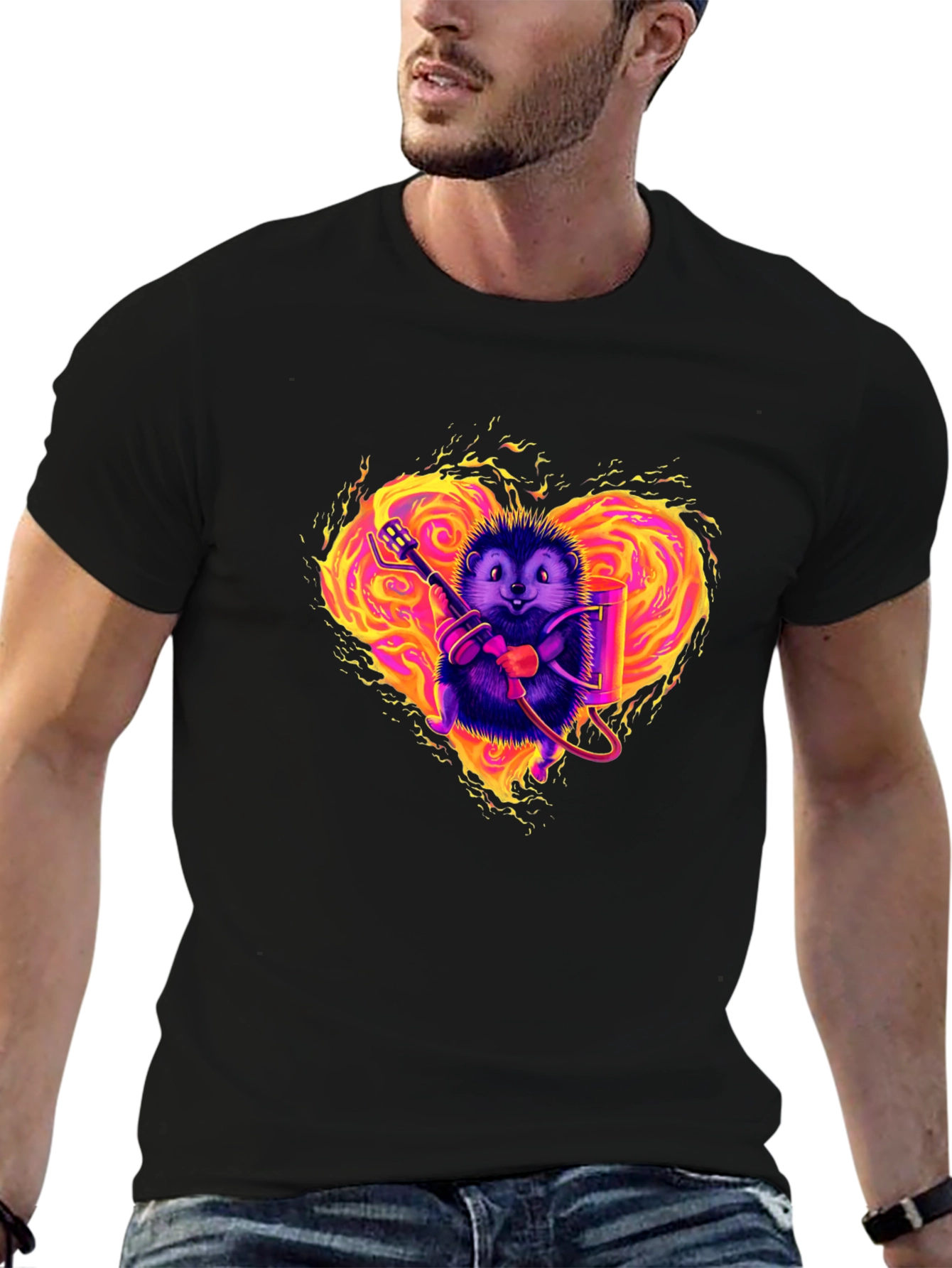 Black Flaming Heart Hedgehog Graphic Tee view 6