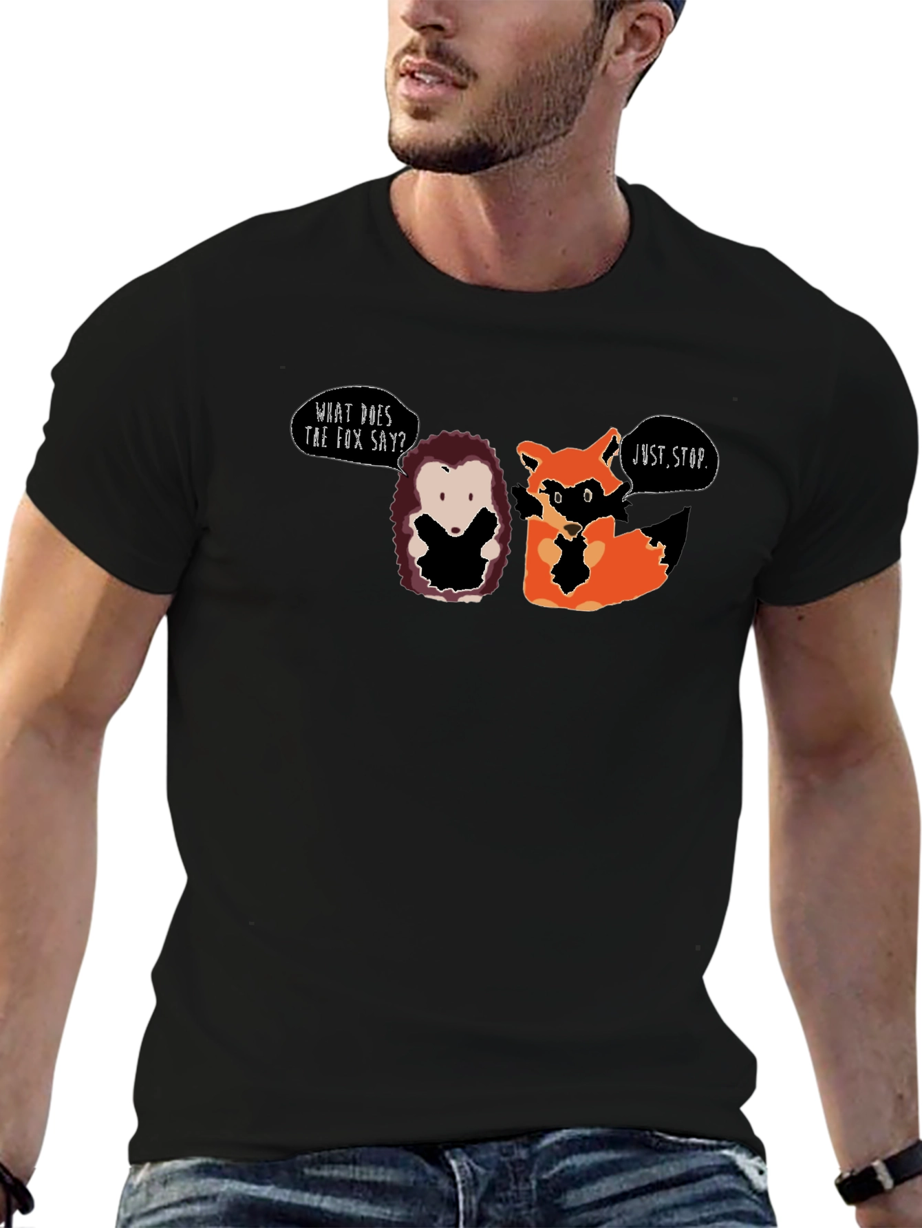 Black Funny Hedgehog & Fox T-Shirt - What Does the Fox Say? view 6
