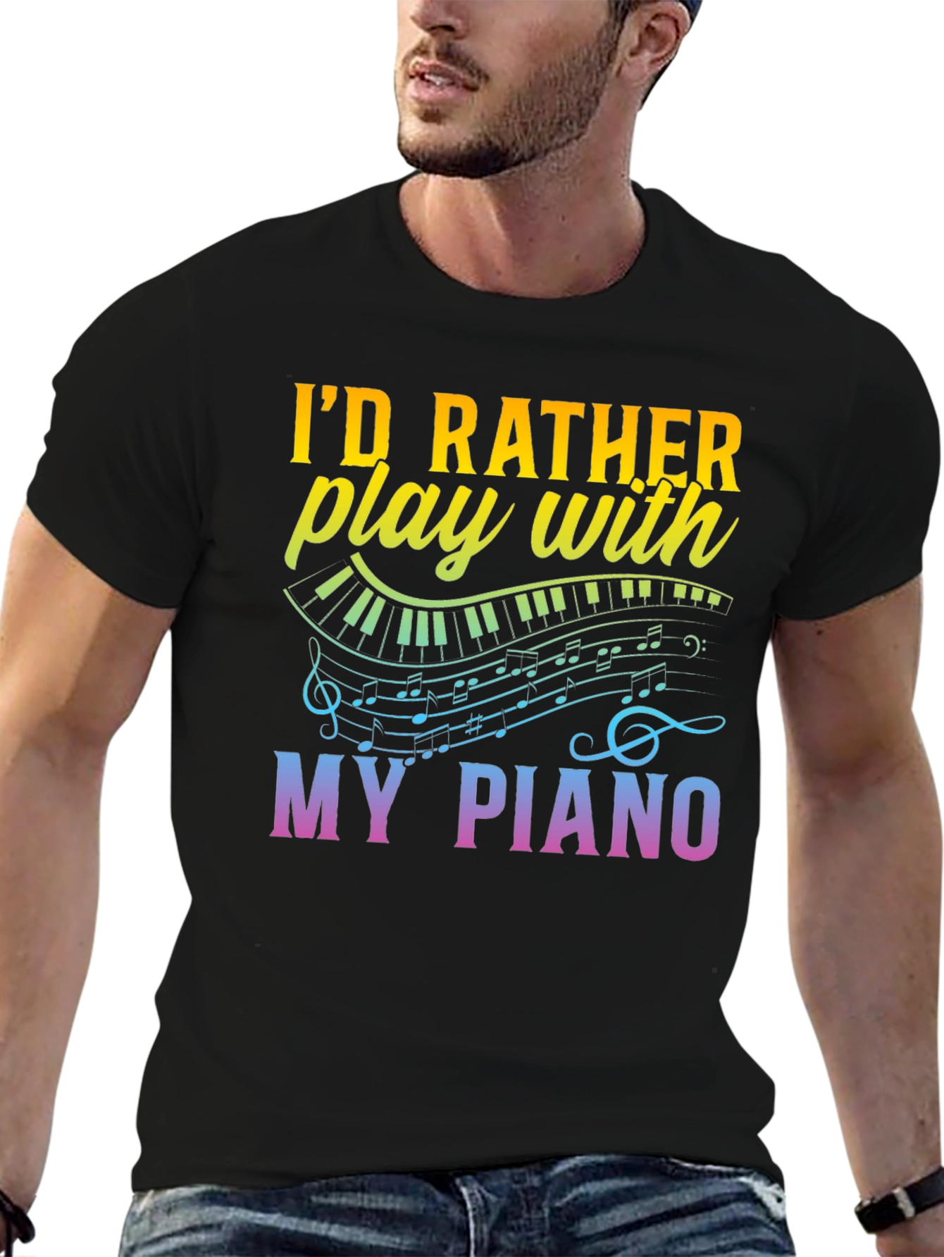 Black Piano Lover's T-Shirt - I'd Rather Play My Piano Tee view 6