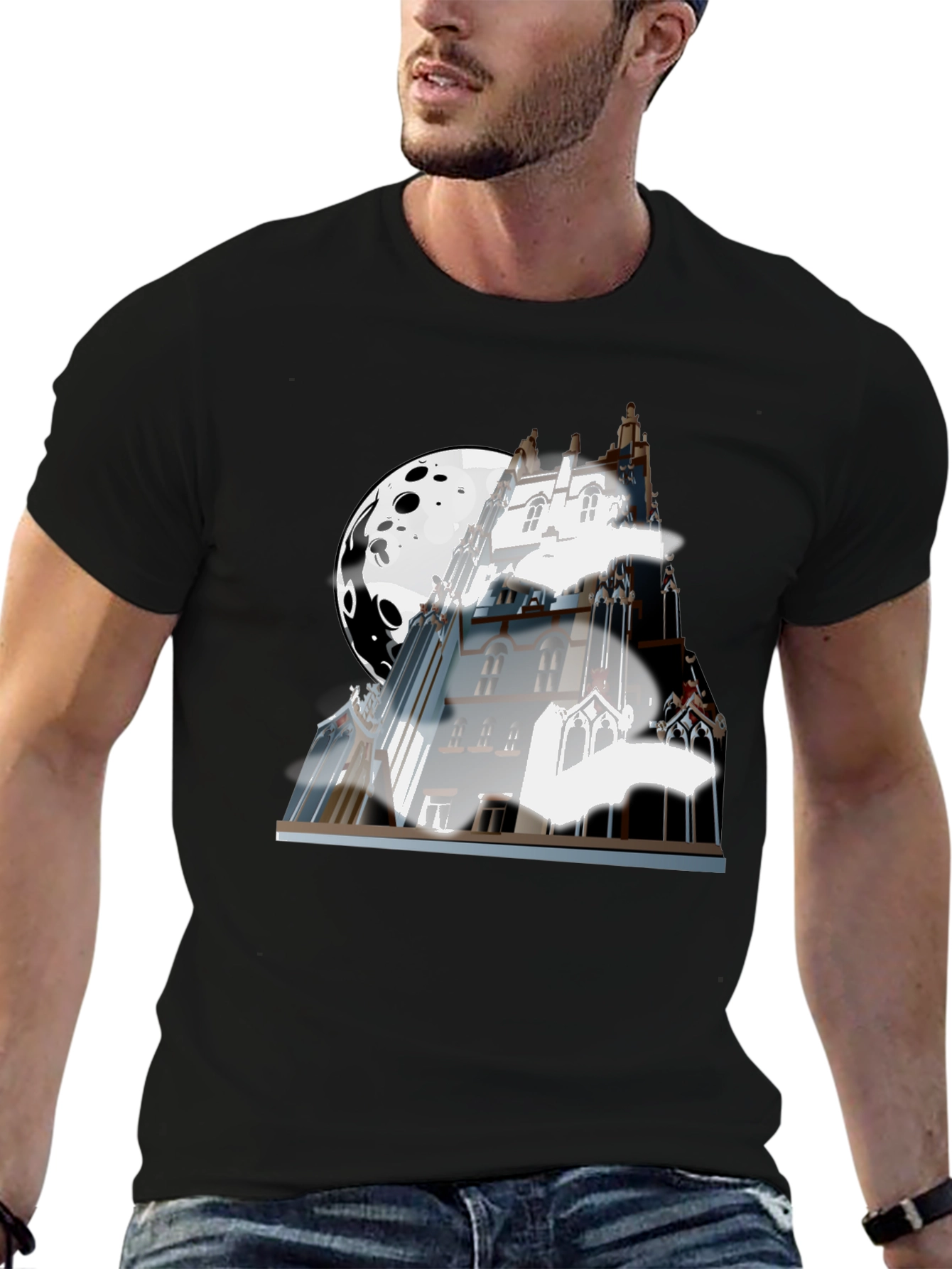 Black Spooky Castle Moon Graphic T-Shirt - Black view 6
