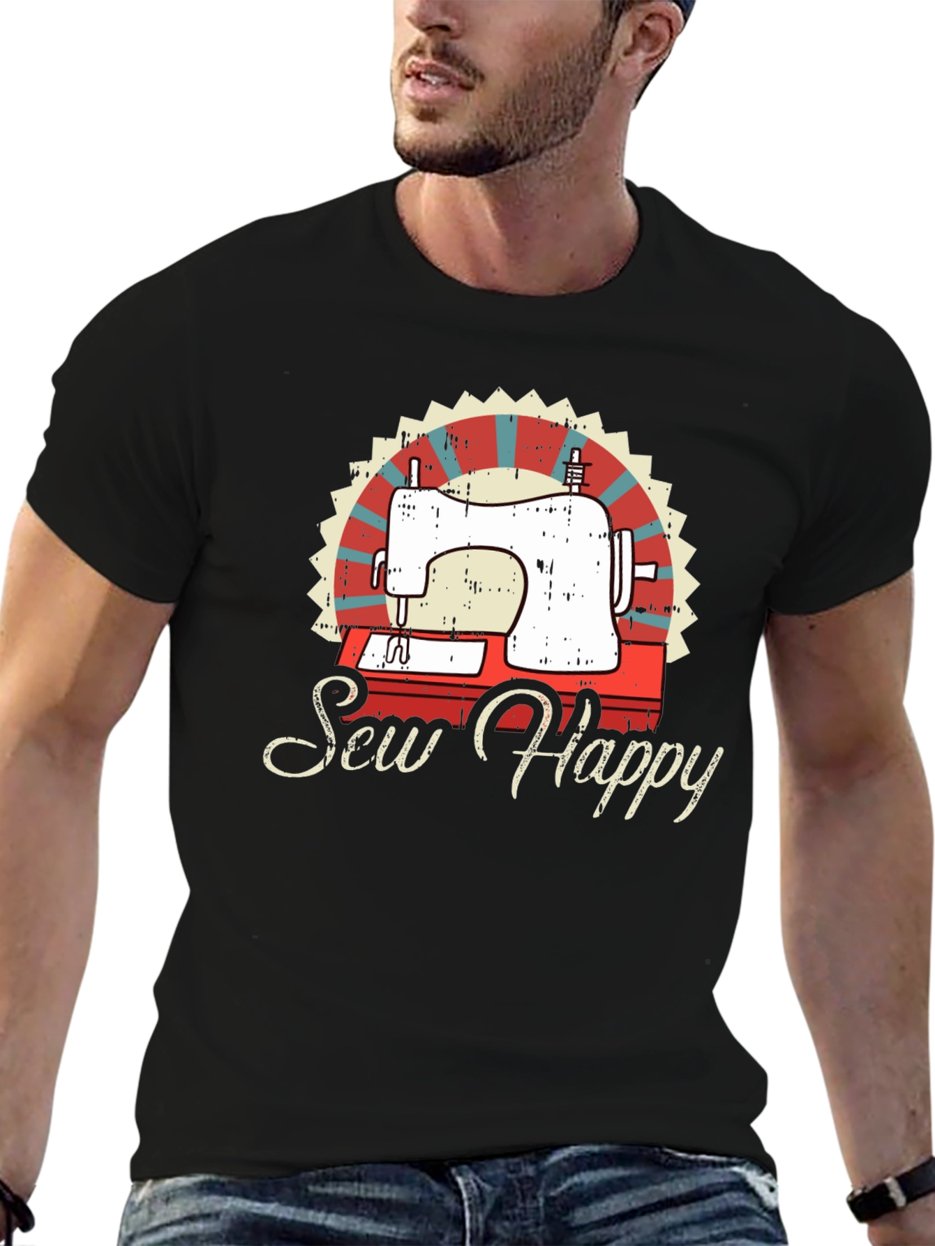 Black Sew Happy Sewing Machine Graphic Tee view 6