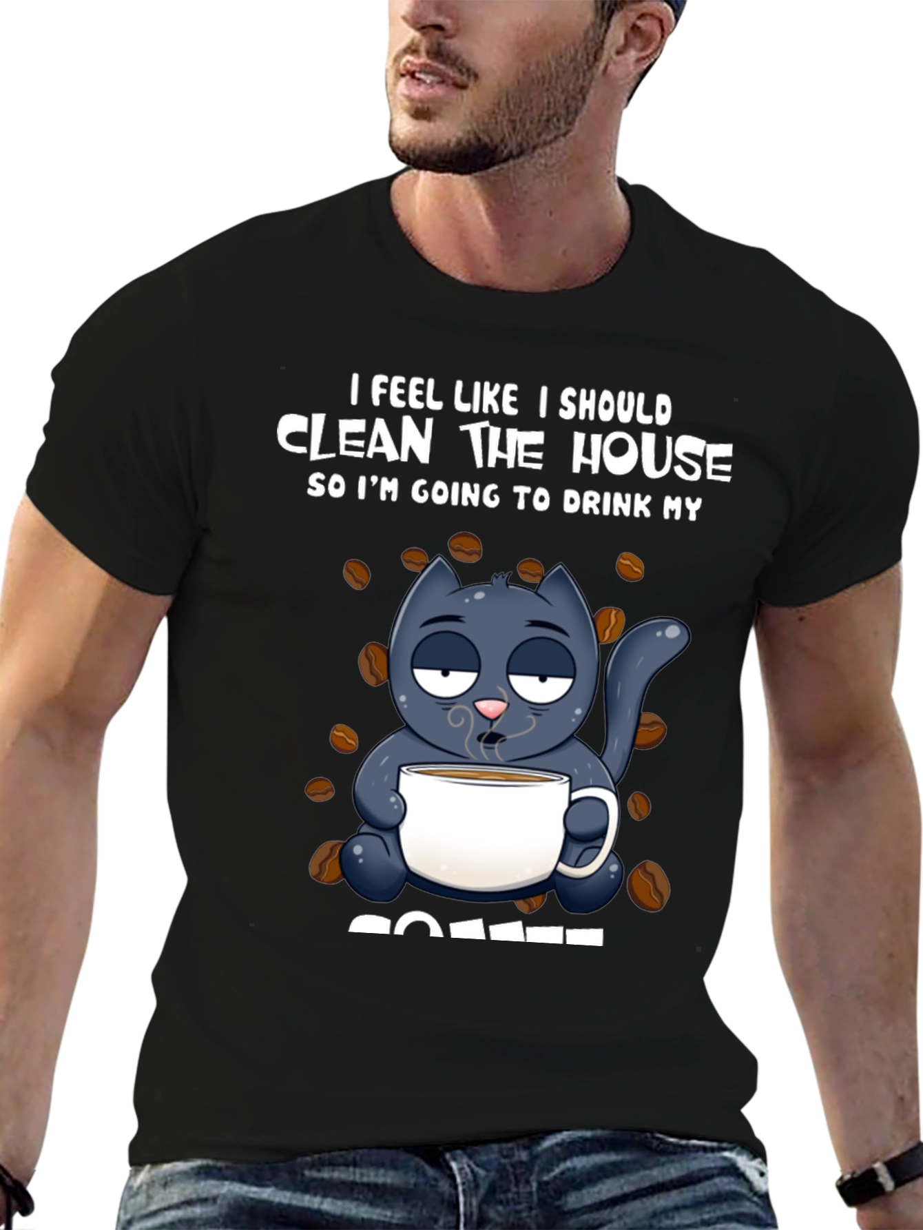 Black Humorous Cat & Coffee Graphic T-Shirt view 6