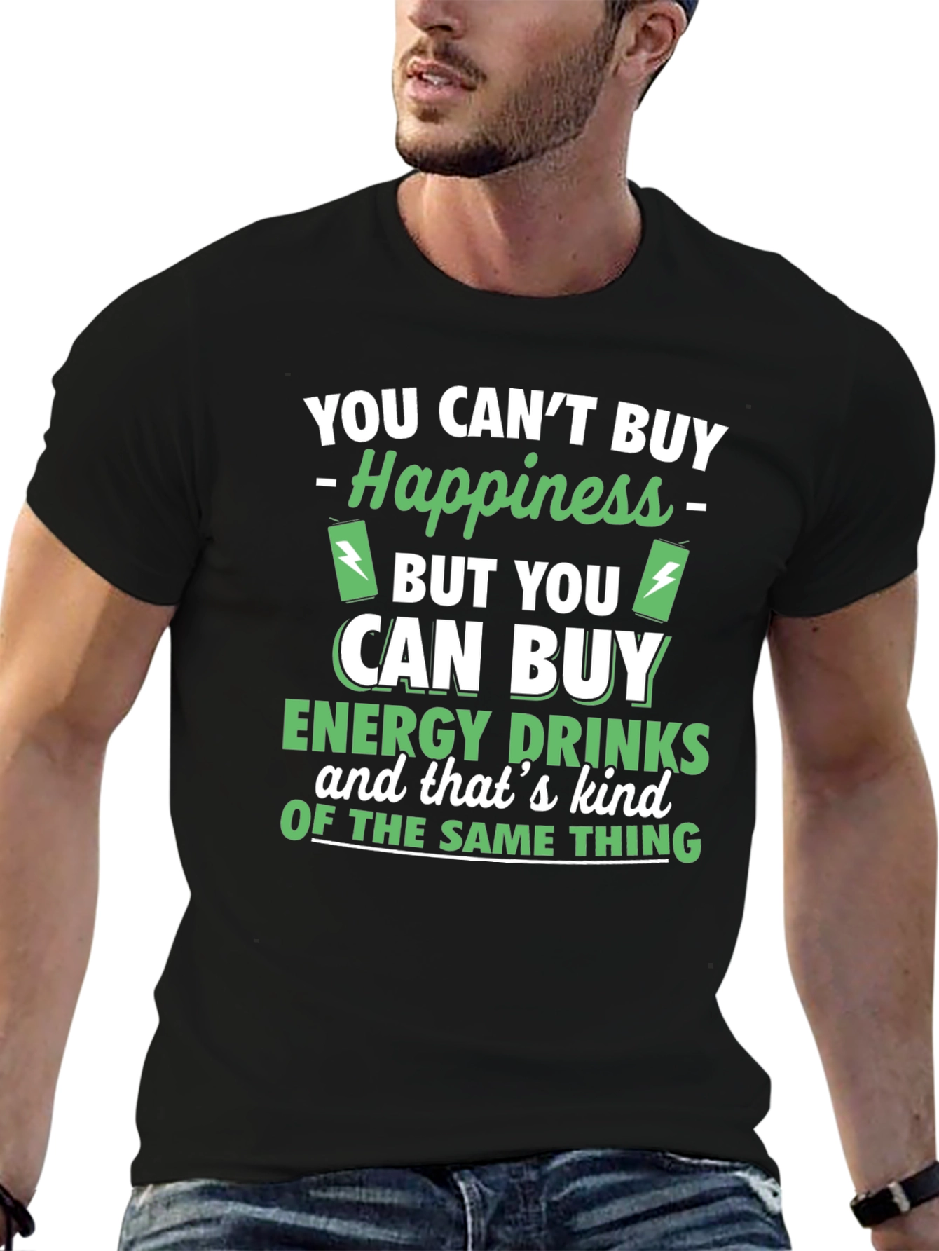 Black Happiness vs Energy Drinks Funny Graphic Tee view 6