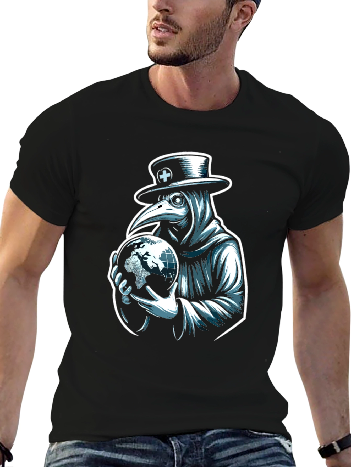Black Plague Doctor Globe Graphic Tee - Unique Design view 6