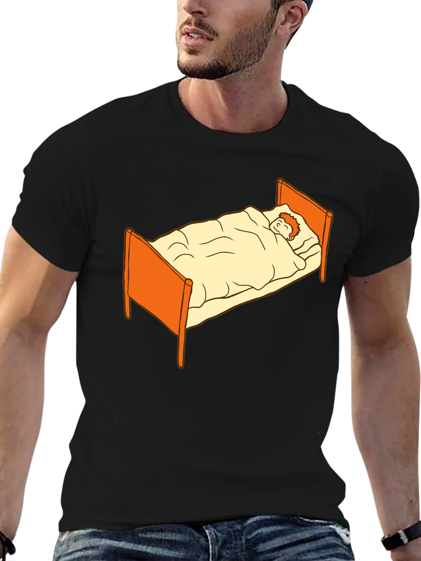Black Sleepy Cartoon Man in Bed Graphic Tee - Black view 6