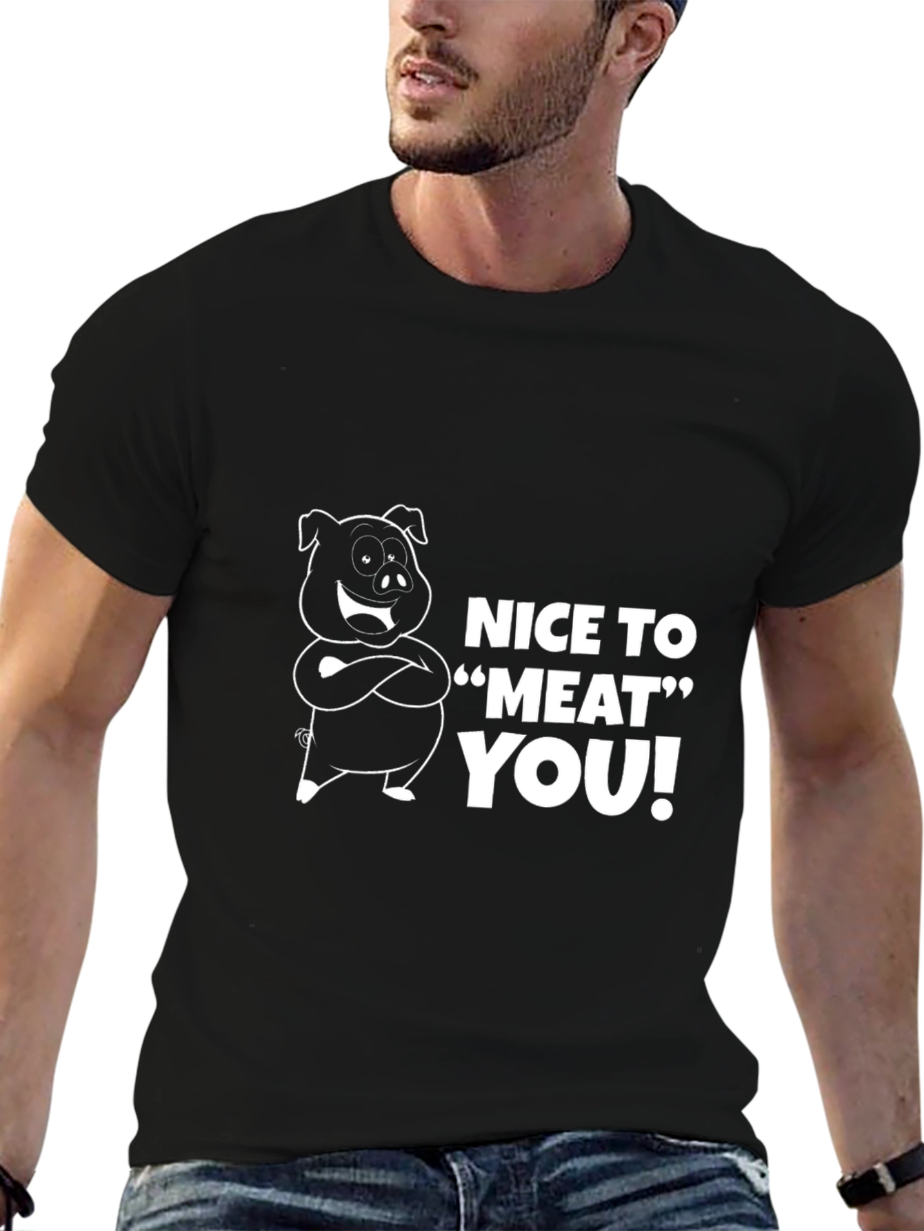 Black Nice to Meat You Pig Graphic Black T-Shirt view 6