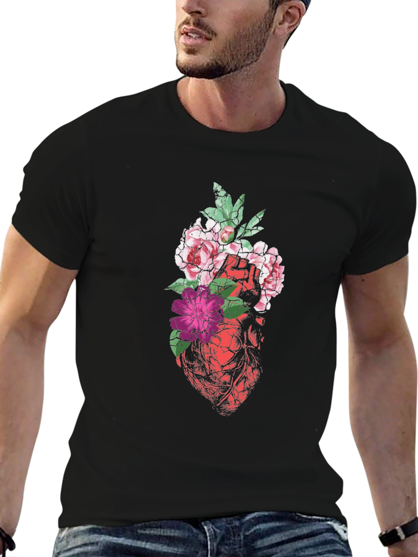 Black Floral Heart Graphic Tee - Black view 6