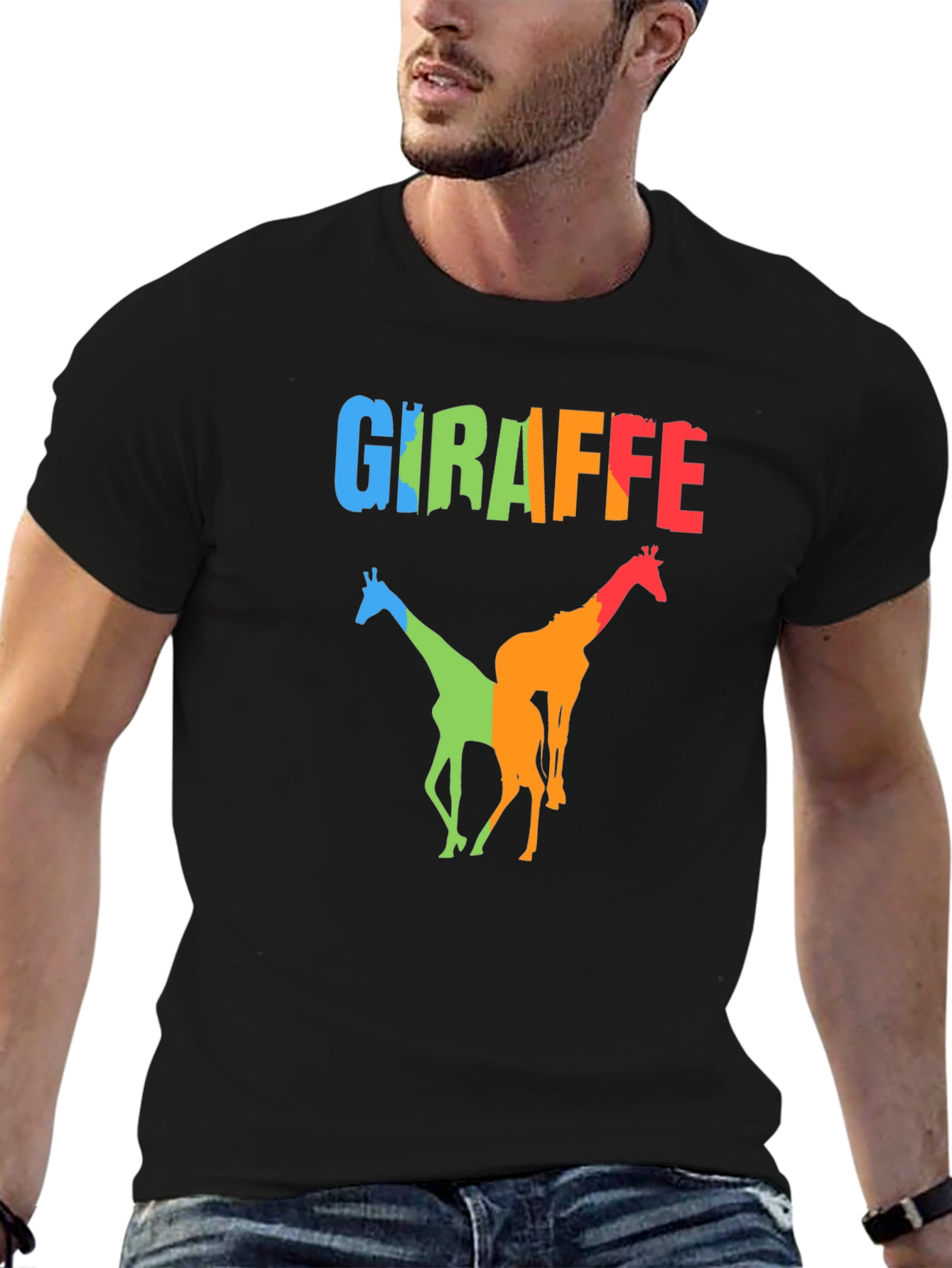 Black Colorful Giraffe Graphic Print Black T-Shirt view 6