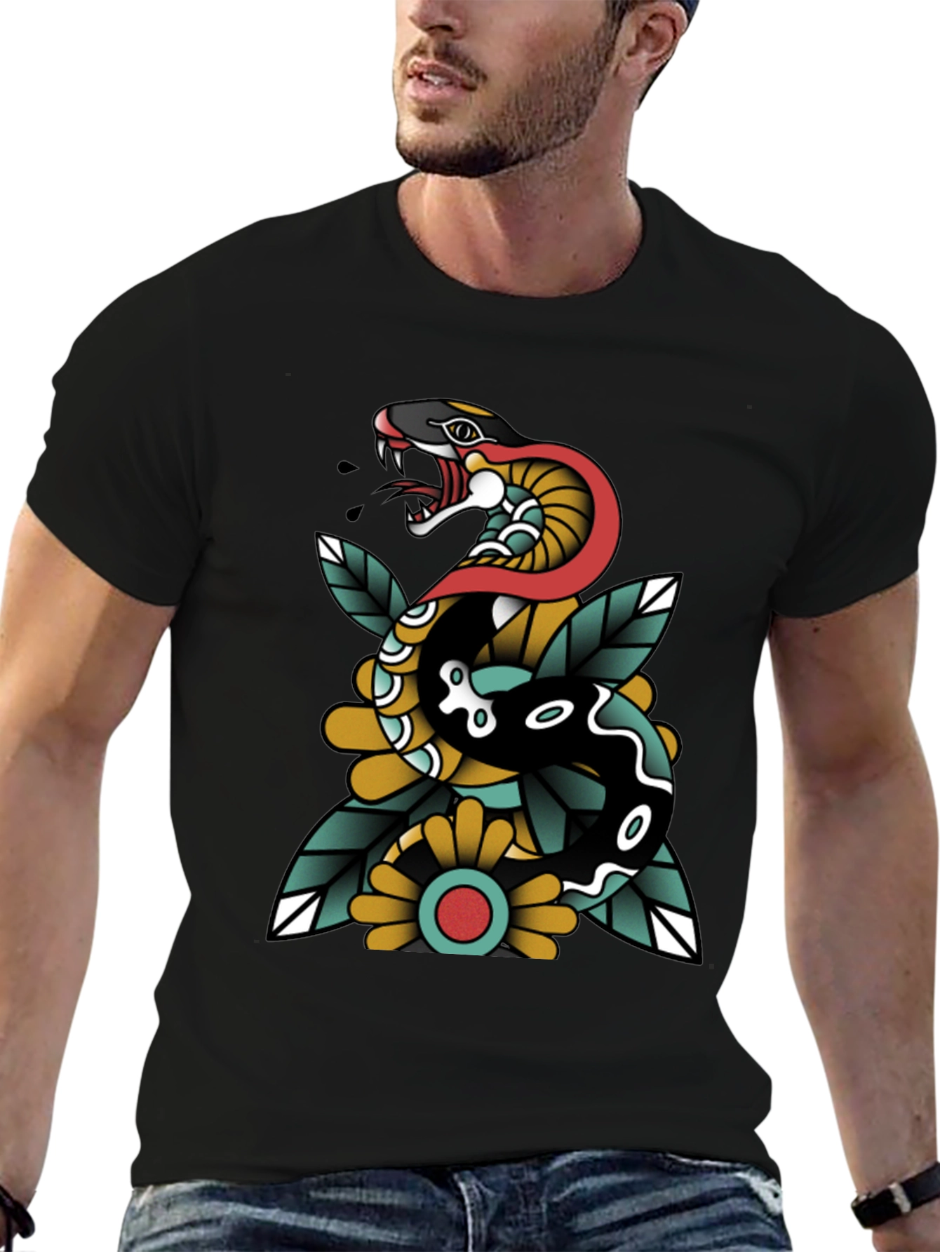 Black Snake & Flower Graphic Tee - Traditional Tattoo Style view 6
