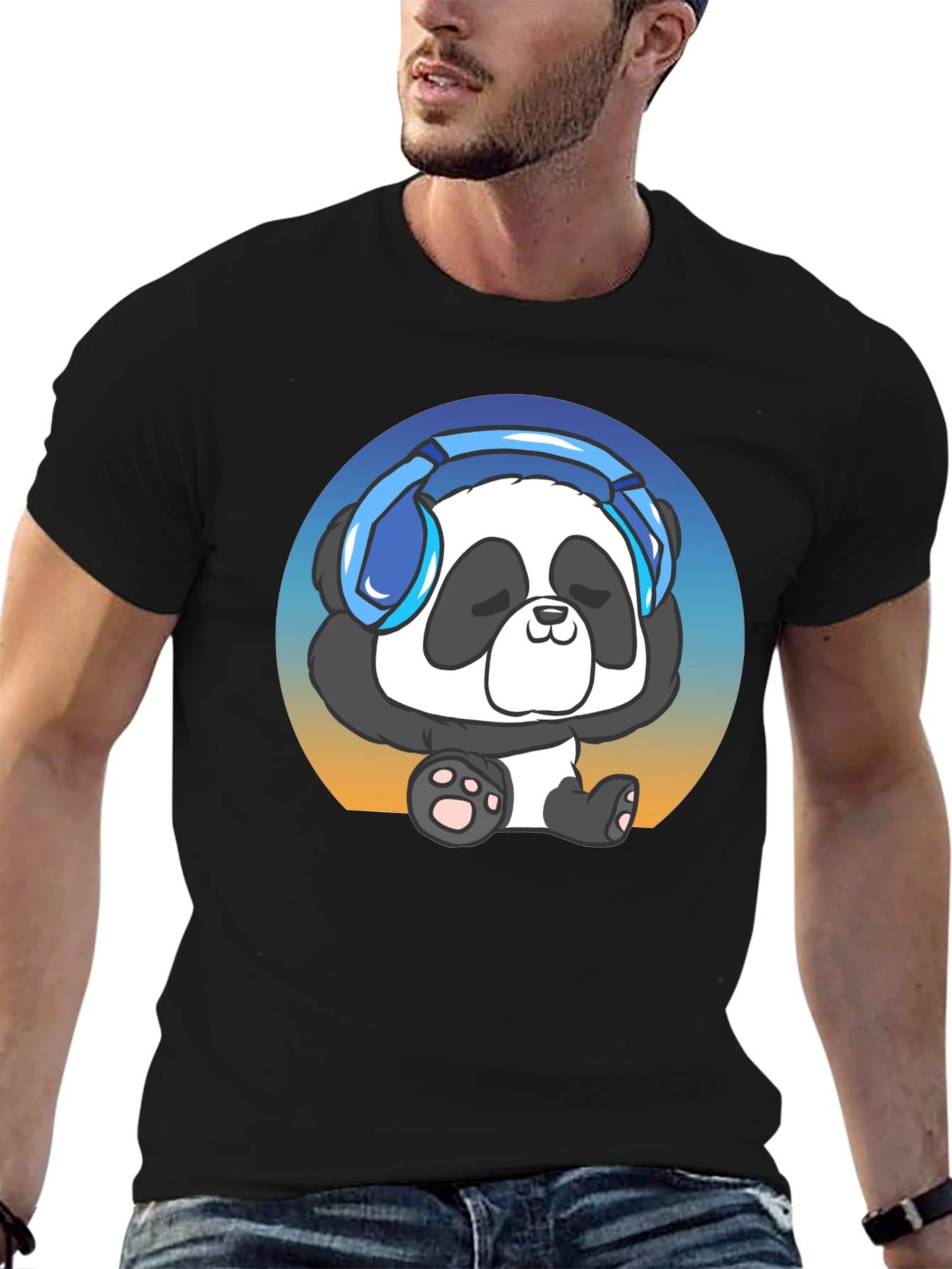Black Cool Panda Headphone Graphic T-Shirt view 6