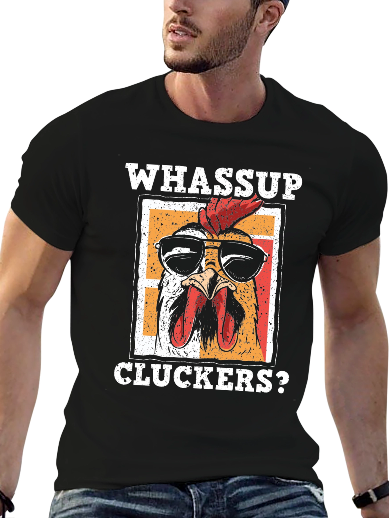 Black Whassup Cluckers? T-Shirt - Cool Chicken Design view 6