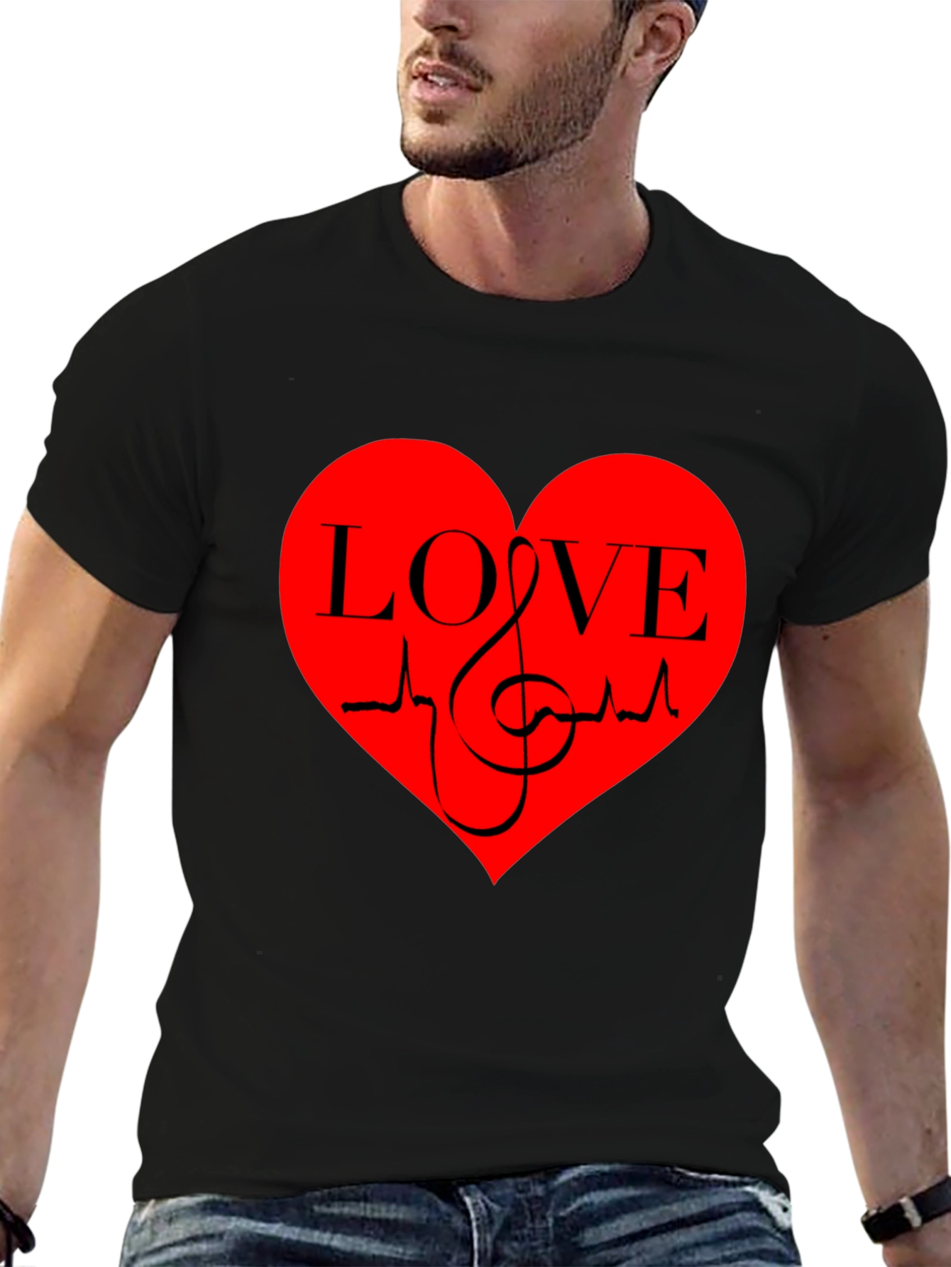 Black Love Music Heartbeat Graphic T-Shirt - Black view 6