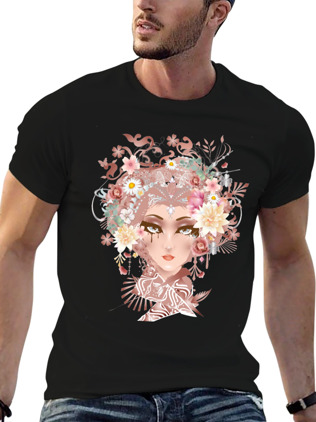Black Floral Goddess Graphic Tee - Black Cotton T-Shirt view 6