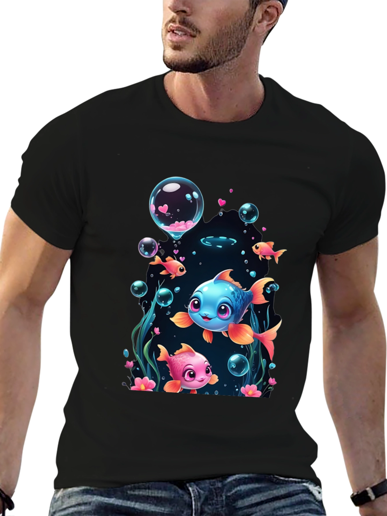 Black Cute Fish Graphic T-Shirt - Fun Undersea Design view 6