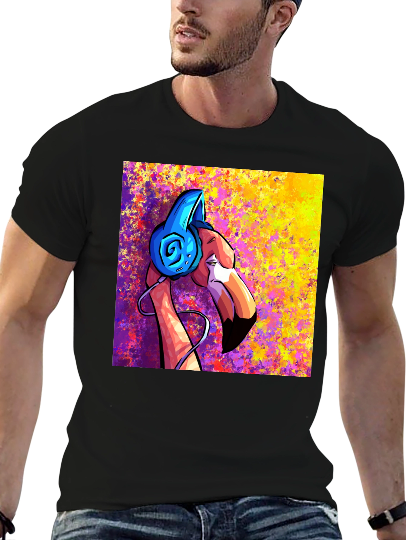 Black Cool Flamingo DJ Graphic T-Shirt view 6
