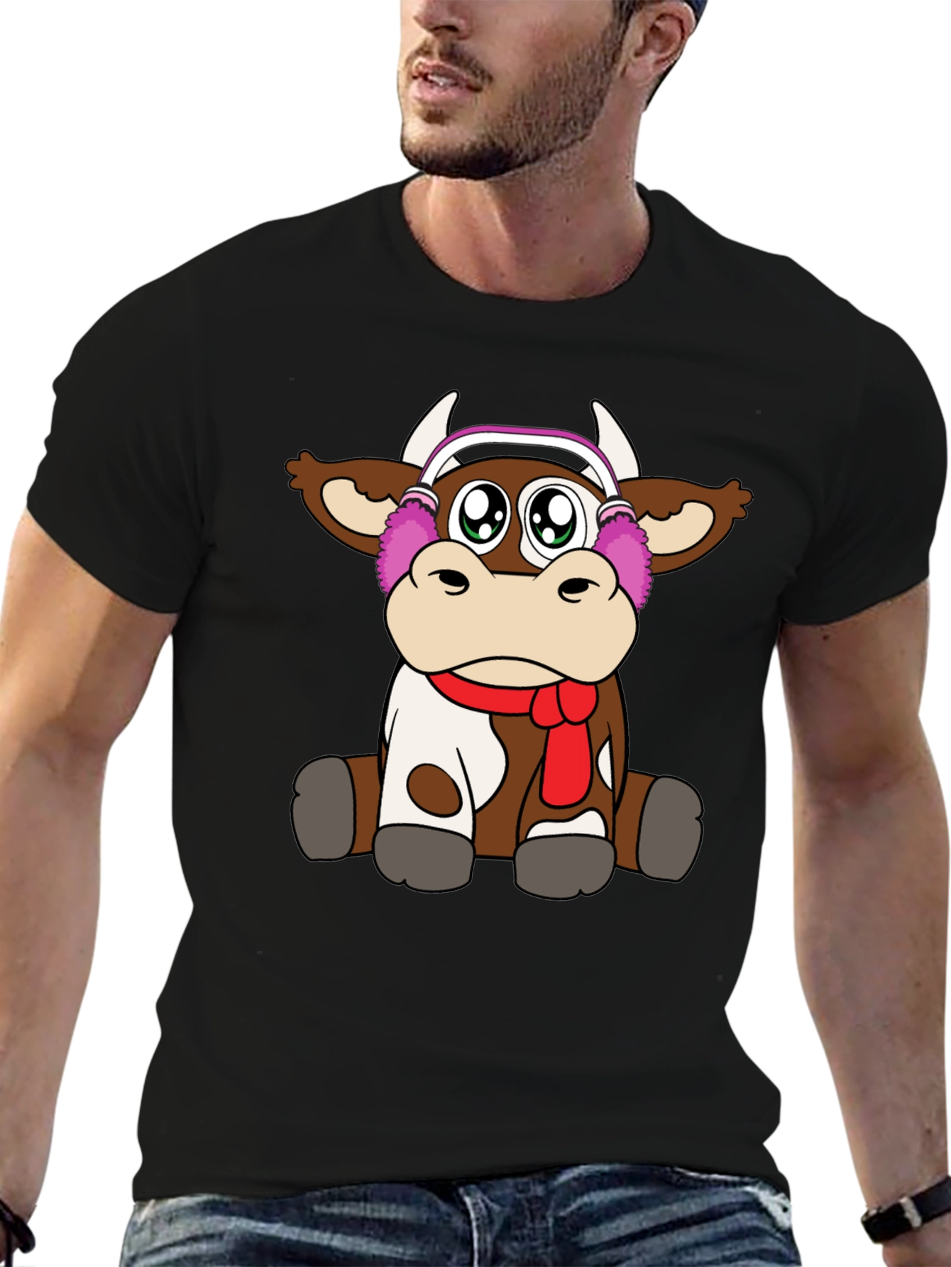 Black Cute Cartoon Cow Graphic Tee view 6